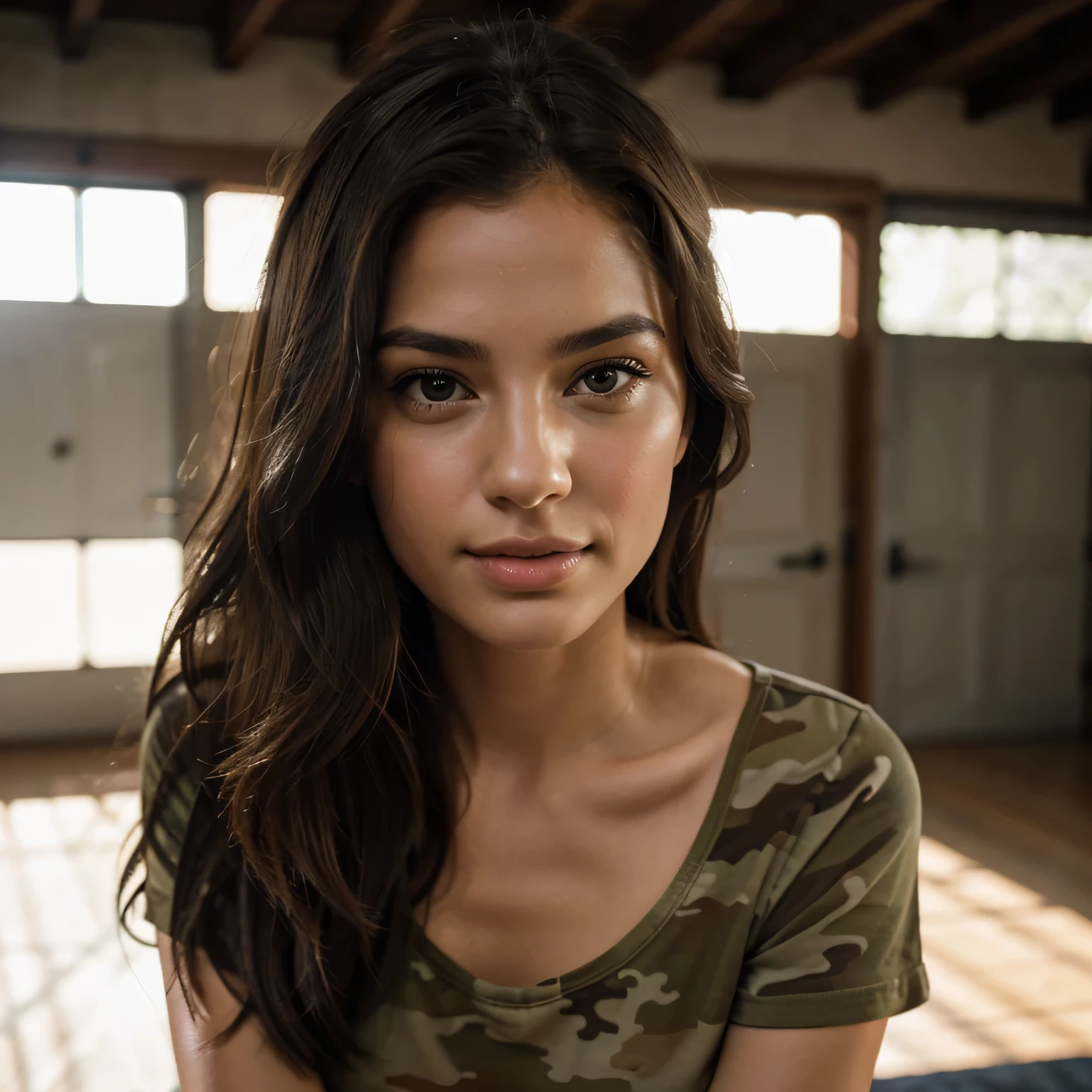 (a)best quality,4k,8k,highres,masterpiece:1.2,(realistic,photorealistic,photo-realistic:1.37), ultra-detailed, detailed eyes, detailed lips, olive skin, beautiful long hair, charming smile, confident stance, alluring gaze, stylish military shorts, camouflage pattern, sturdy fabric, sunlit background, vibrant colors, crisp details, professional modeling, cinematic lighting