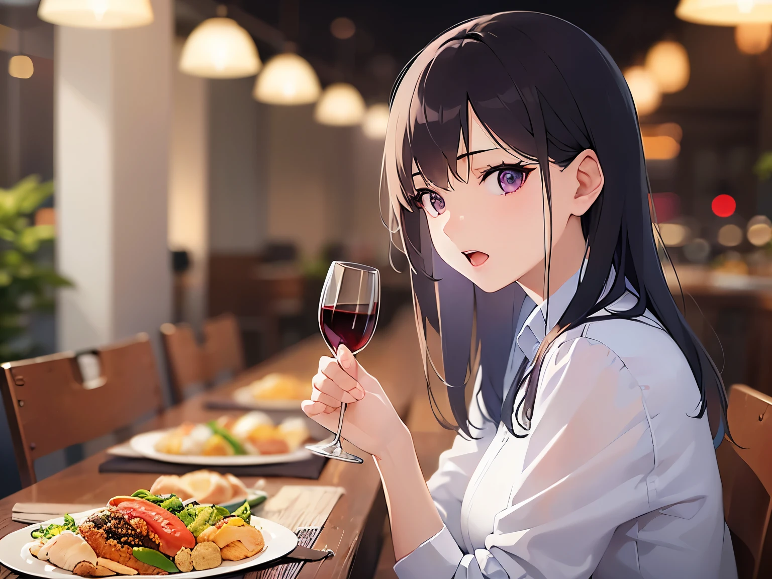 Realistic, real person, (pale skin: 1.2), RAW photo, photorealistic, portrait photography, shiny skin, japanese idol、shiny hair、(bangs) and (straight) and (medium hair)and (25 year old woman) and (black hair) and (purple eyes) , Office Lady、wearing a white shirt、surprised, open mouth, The background is a restaurant at night、Alone、sitting、wine glass、food on a plate