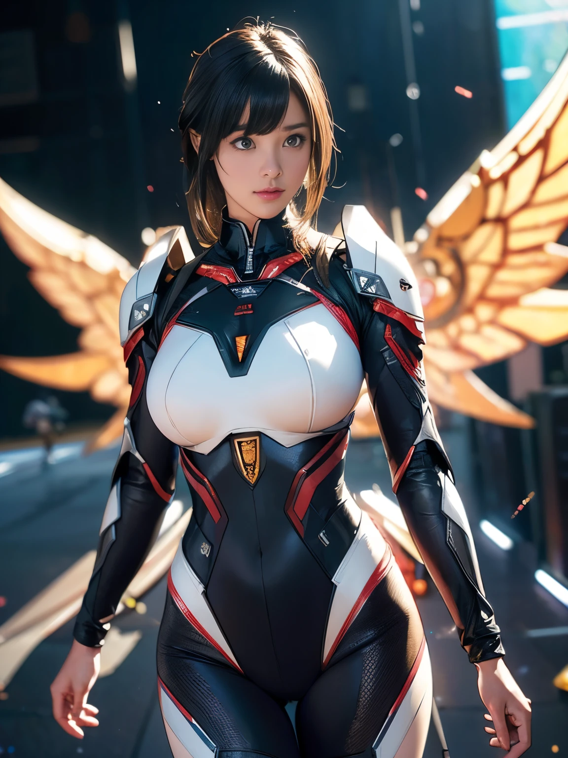 Female black and yellow mech sculpture,Skysky,The mech is rich in detail,Mechanical skin texture,Silver robot wing detail,Silver lightning ball,holding knives,Explosive effect