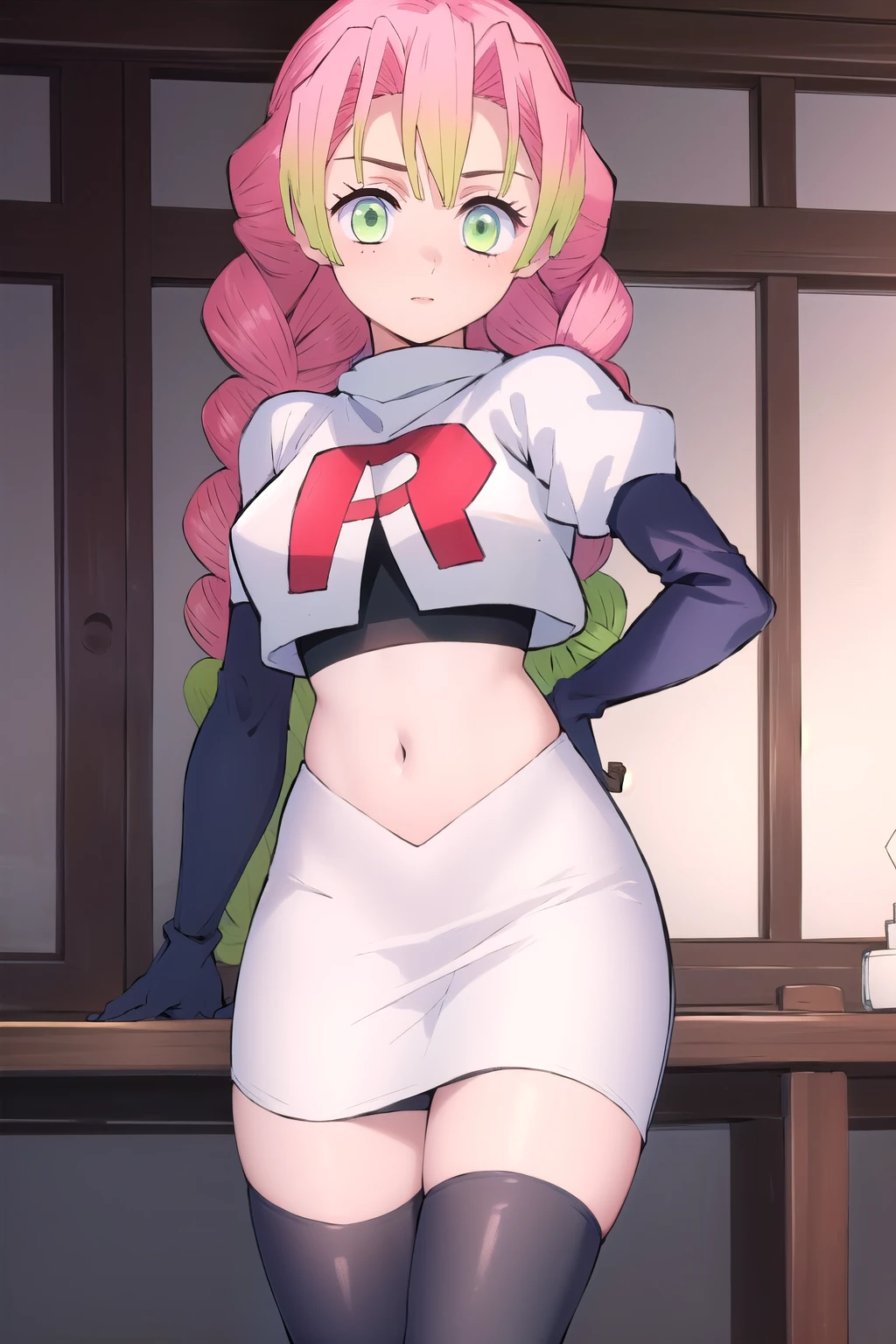 (masterpiece, best quality), intricate details,
1girl, MitsuriKanroji, team rocket,team rocket uniform, red letter R, white skirt,white crop top,black thigh-highs,black elbow gloves