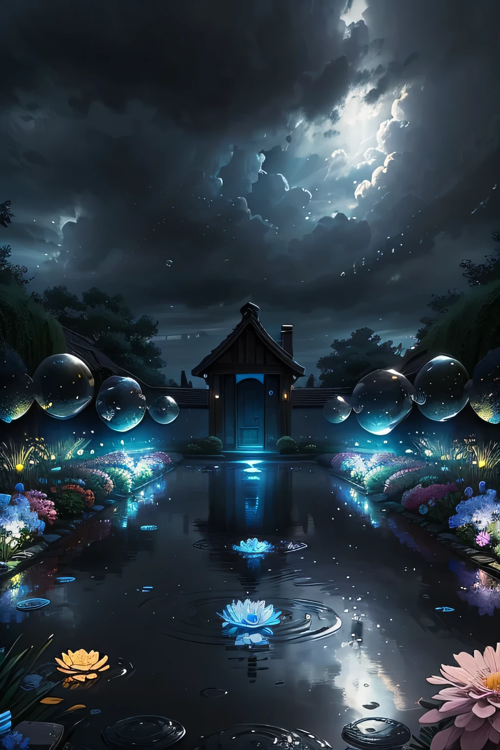Imagine a calming scene of joyous Black , each one floating serenely in their own bubbles amongst a lush garden of vibrant blue flowers. The petals of these beautiful blooms sway gently in the soft breeze, adding a sense of tranquility to the scene. Above them, dark clouds gather in the sky, casting a moody grey and blue color grading over the landscape. However, despite the ominous overhead weather, a warm medium light filters through the clouds, illuminating the garden and bestowing a feeling of happiness and contentment upon the scene. The water in the bubbles shimmers and sparkles with each reflection of light, creating a mesmerizing sight that uplifts