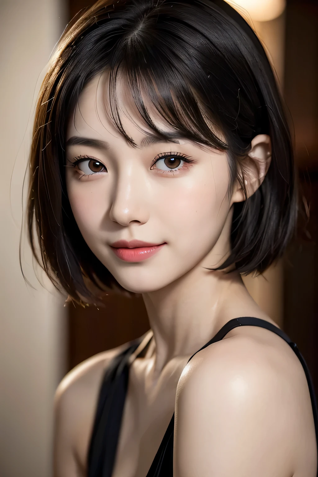 (masterpiece:1.3), (8K, realistic, Raw photo, highest quality: 1.4), Japanese々, (1 girl),25 years old, beautiful face, (realistic face), (black hair, short hair:1.3), beautiful hairstyle, realistic eyes, beautiful eyes, beautiful eyes, (realistic skin), beautiful skin, charm, Ultra High resolution, High resolution, close, portrait, golden ratio, detail makeup, look at the beholder, smile, (shoulder look), small breasts,no makeup、high nose