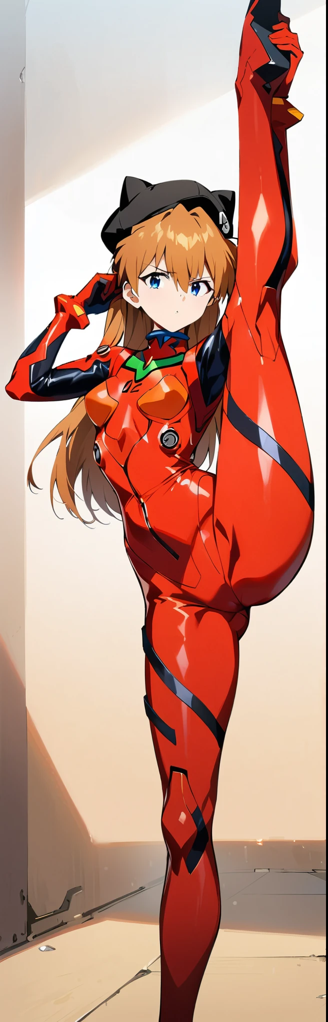 (masterpiece, best quality:1.2), 1girl, solo,standing_split, souryuu asuka langley, neon genesis evangelion, rebuild of evangelion, lance of longinus, cat hat, plugsuit, pilot suit, red bodysuit,