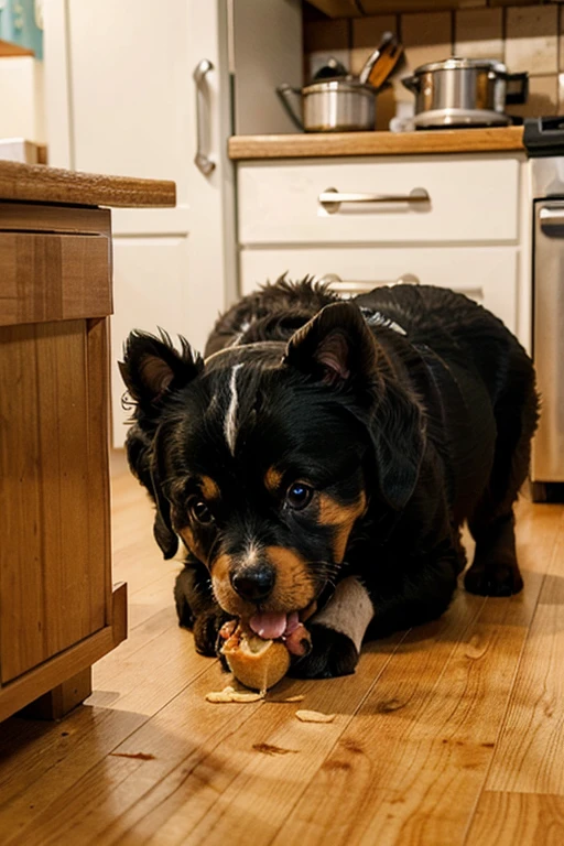 Imagine a little puppie eating chicken in the kitchen