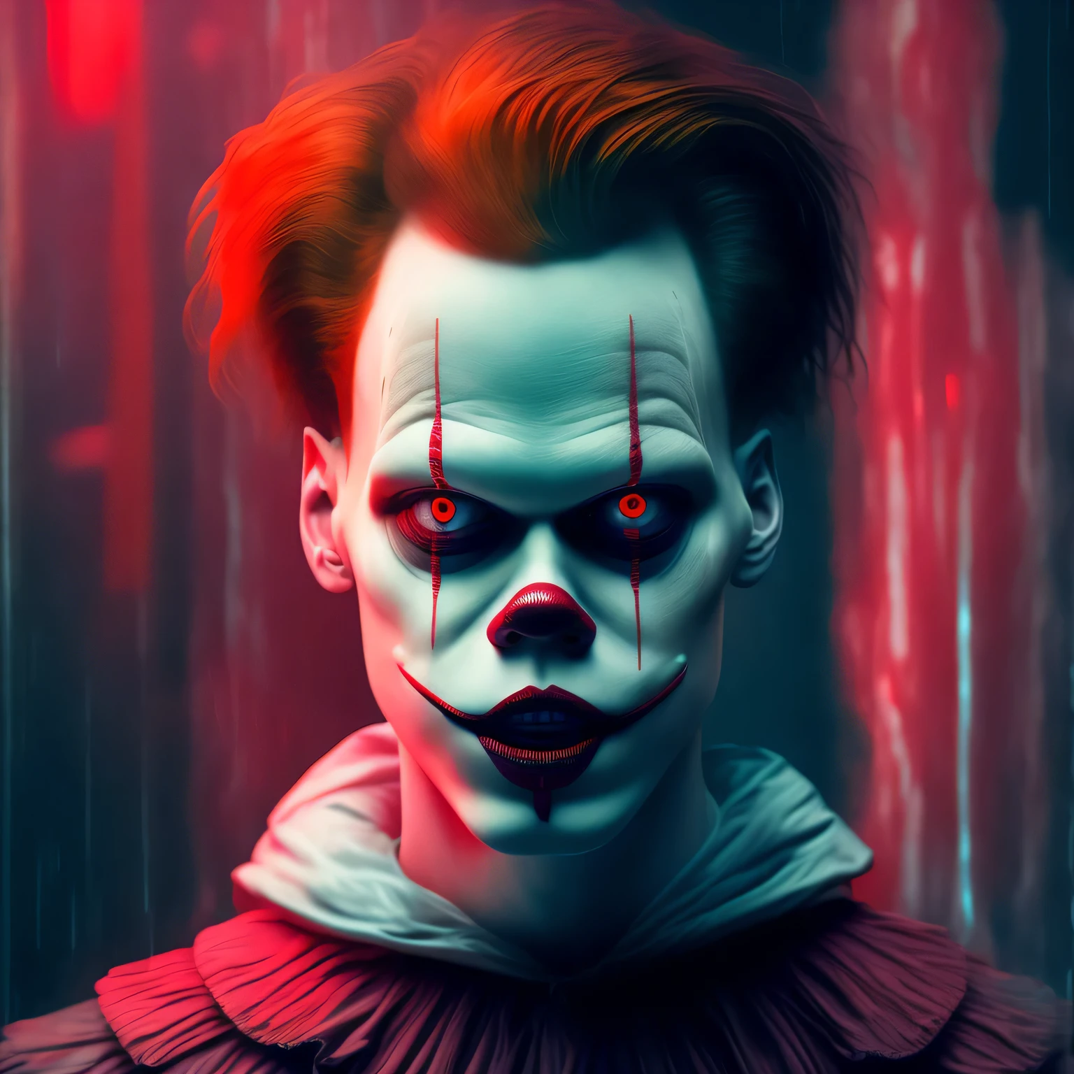 Bill Skarsgård as Pennywise Cyberpunk,8k. obra de arte, Melhor qualidade, alta qualidade, extremamente detalhado CG unity 8k wallpaper, profundidade de campo, HDR,,fotorrealista,extremamente detalhado, intricado, clown