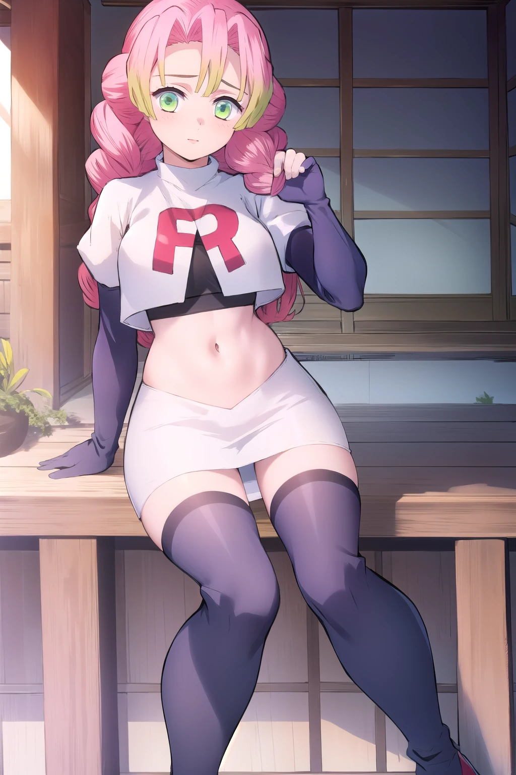 (masterpiece, best quality),  intricate details,
1girl,  MitsuriKanroji,  team rocket,team rocket uniform, red letter R, white skirt,white crop top,black thigh-highs,black elbow gloves