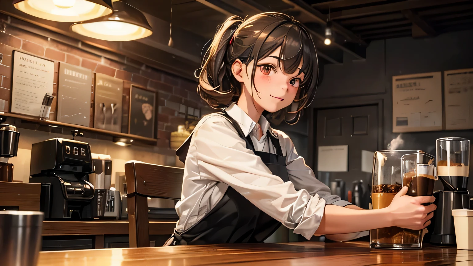 (table top), highest quality,  girl working at a coffee shop, She is making coffee in a machine, Coffee making, perfect face, expressive eyes, brown apron, Coffee shop seen from the inside, tied hair,red eyes, pretty girl, comfortable, (night), realistic, 4k, Complex, become familiar with, flowers in a vase, comfortable lights, perfect lighting, tracked light, warm colors, table chair, daily life, modern, elegant, (relaxed atmosphere), peaceful, aromatic,Happy,happiness, (gray hair), white shirt, barista, soft, Brown hair band, humble,delicate, kind, night, contrast, bright colors, Bokeh, (perfect coffee machine), roo, (soft), shine, shineing eyes

Break she's making coffee, There is a table with a cup on the left hand, There is a coffee machine on the table, Steam is coming out of the cup, Delicious coffee
, moustache,