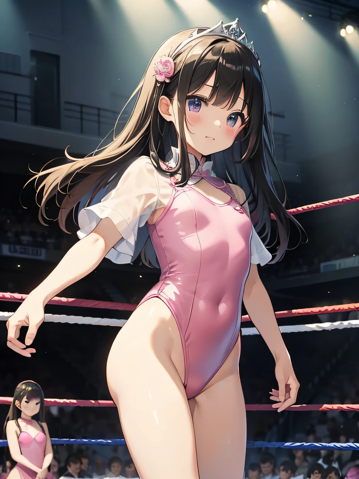 highest quality、very delicate and beautiful、I、I、8-year-old 、Japanese、、Chiquita、Noble、primary school student、black haired、((pink leotard))、(High leg)、Tiara on the head、laughter、Are standing、triumphant look、stand in a position of honor、put your hand on your waist、(facing forward)、Are Are standing、(The background is professional wrestling)、Audience seats