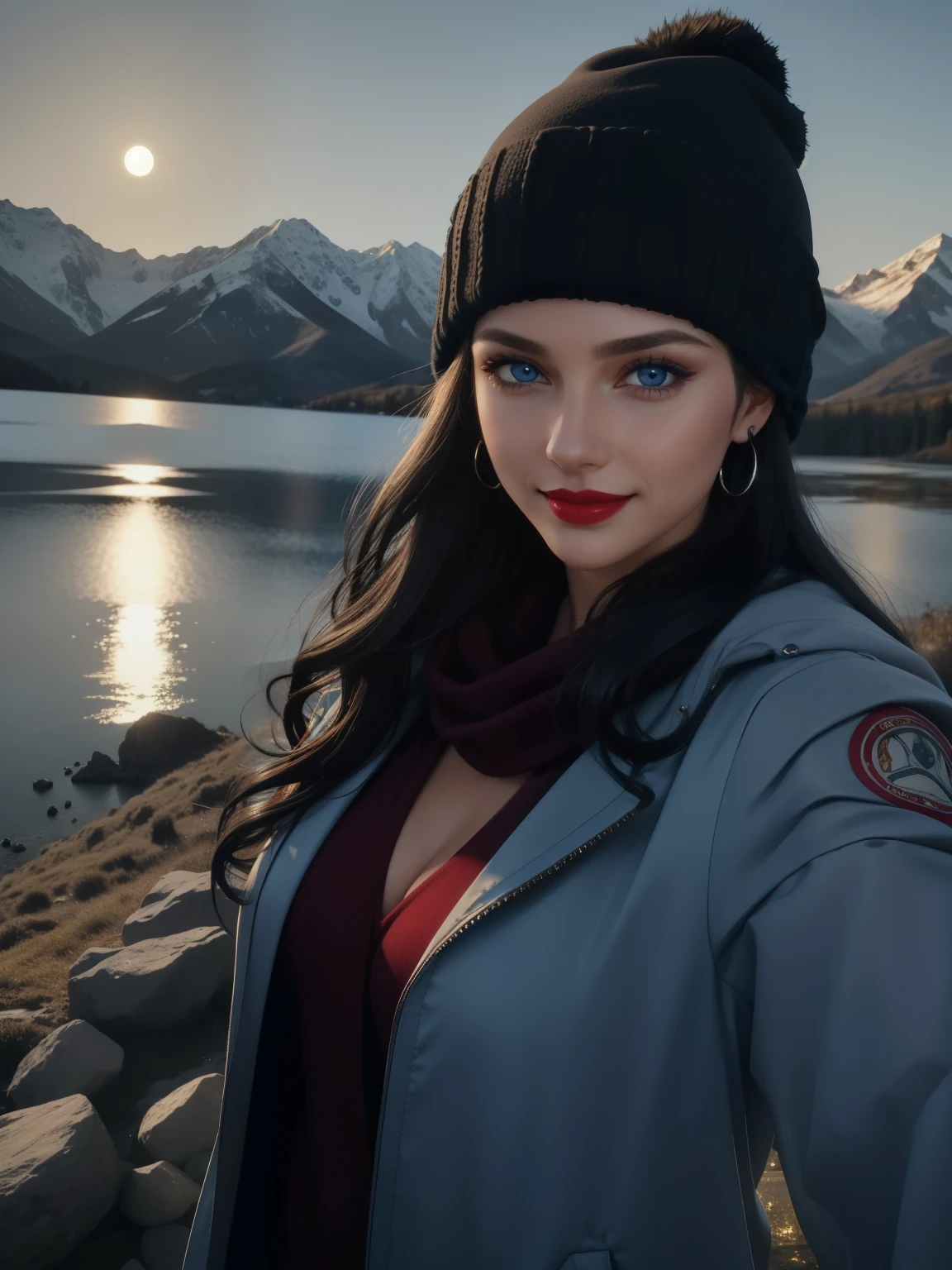 Caucasian woman; black hair, wavy hair, long hair, hair parted in the middle; blue eyes, ((lined eyes)), ((highlight blue eyes)), (((shiny eyes))); ((red lipstick)), makeup; ((smiling)), toned body, athletic body, (medium breasts); ((closed jacket)); cold hat, scarf, earrings, necklace, bracelets; high quality, artistic shot, at night; nature, at night; Behind you can see a lake, the moon and a mountain, front view, selfie, shot from above.