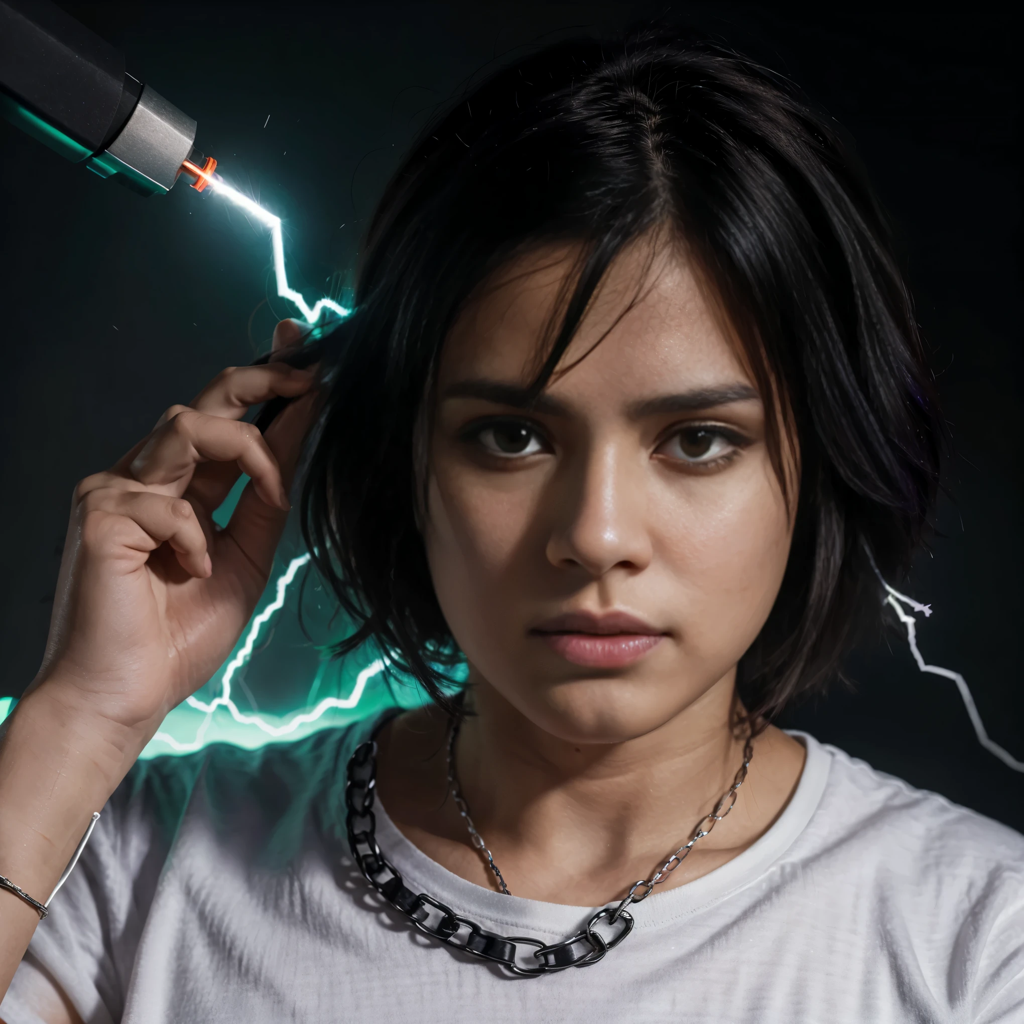 Izuku Midoriya in Rage with Purple and Red aura chains and Electricity flowing Around With Black Hair White and green eyes brused shirt with the name "Darxzyy" in the background.
