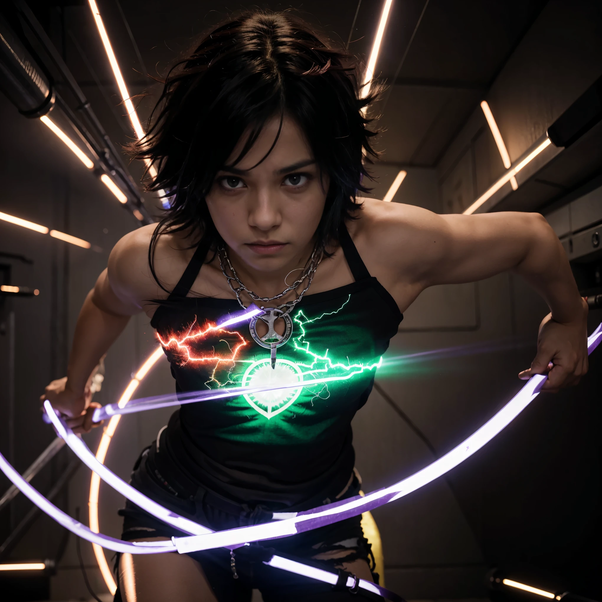 Izuku Midoriya in Rage with Purple and Red aura chains and Electricity flowing Around With Black Hair White and green eyes brused shirt with the name "Darxzyy" in the background.