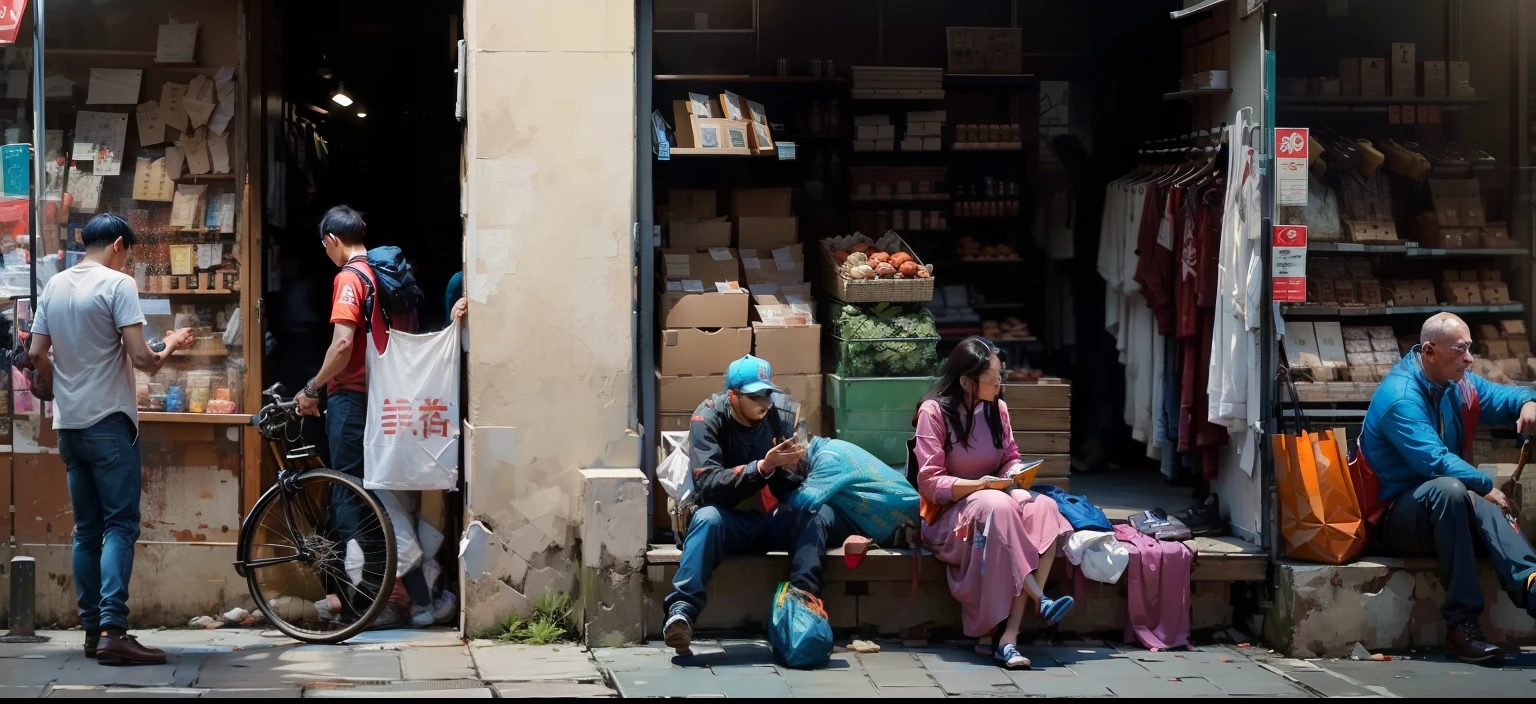 到处都是passers-by, people shopping, urban street fashion, clothing store, streetwear, looks smart, colorful clothes, many shops, on city streets, passers-by,行量的passers-by,People who ride bicycles,oil painting style,