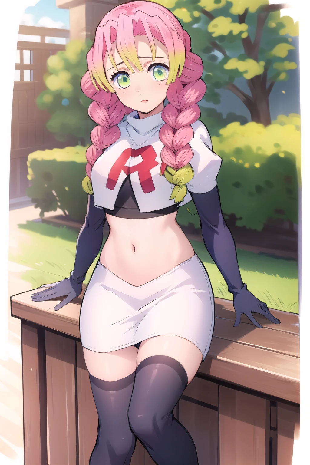 (masterpiece, best quality), intricate details,
1girl, MitsuriKanroji, team rocket,team rocket uniform, red letter R, white skirt,white crop top,black thigh-highs,black elbow gloves