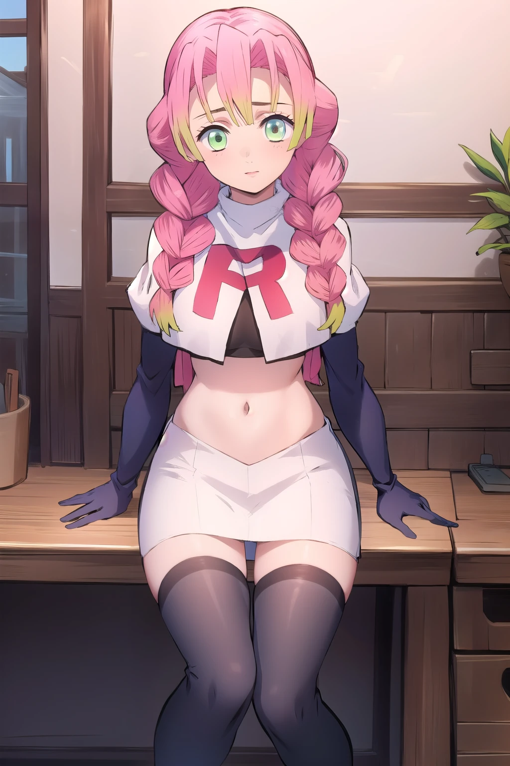 (masterpiece, best quality),  intricate details,
1girl,  MitsuriKanroji,  team rocket,team rocket uniform, red letter R, white skirt,white crop top,black thigh-highs,black elbow gloves
