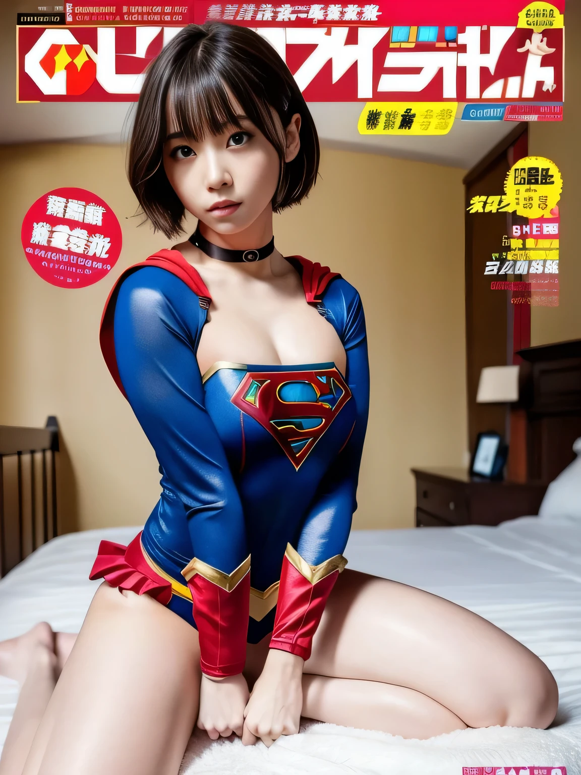 masterpiece、supergirl costume、short hair、barefoot、big and full breasts、Bedroom、straddle the bed、sexy pose、athlete、shiny、looking at camera、Seduce、choker、long sleeve、red mini skirt、Weekly magazine cover、
