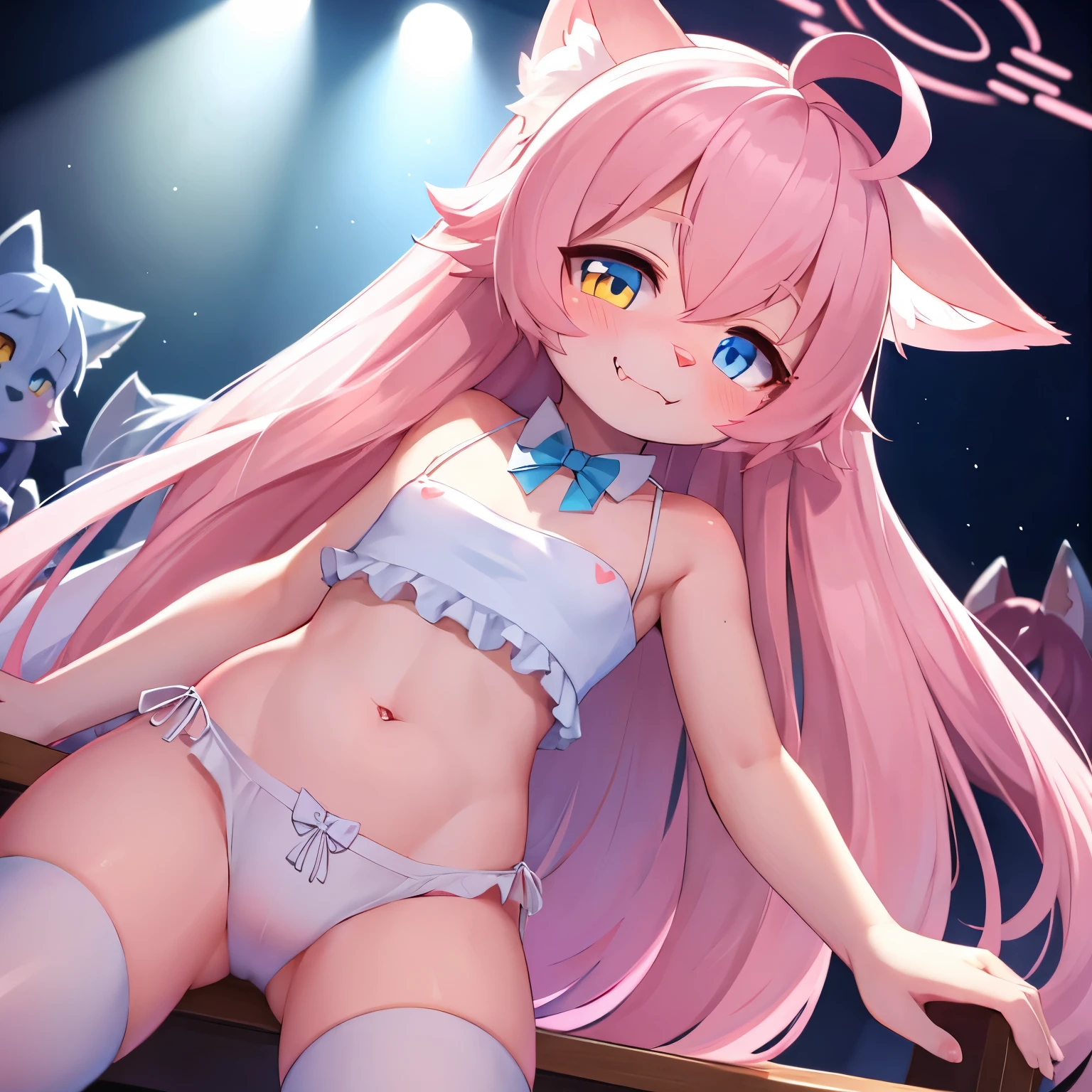 (fluffy anthro furry :1.3),(young :1.3),cat girl,long hair,pink fur,pink cat tail,pink cat ears,yellow right eyes,blue left eyes,small breasts,ribbon bowtie,white bikini,sleeveless,white stockings,night club,among the crowd,light and shadow,white light,looking at viewer,desire face,smile,fangs,close eye,heart eyes,full face blush,crawling on table,front view,low angle
