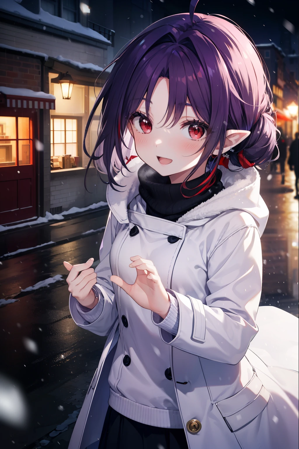 yuukikonno, Yuki Konno, purple hair band, long hair, pointy ears,Ahoge, purple hair, (red eyes:1.5), (small breasts:1.2),short braided hair　ponytail,open your mouth,shy,blush,smile,red muffler,white long coat,black sweater,red long skirt,short boots,winter,cold sky,It&#39;s snowing,It&#39;s snowing,looking down from above,noon,noon間,
break looking at viewer, Upper body, whole body,
break outdoors, city,building street,
break (masterpiece:1.2), highest quality, High resolution, unity 8k wallpaper, (shape:0.8), (fine and beautiful eyes:1.6), highly detailed face, perfect lighting, Very detailed CG, (perfect hands, perfect anatomy),