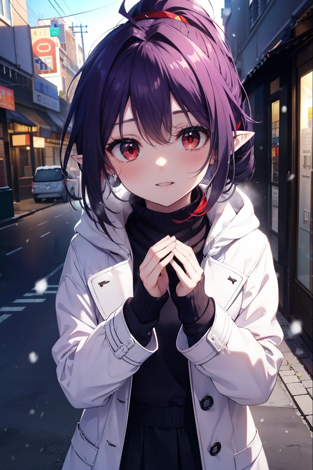 yuukikonno, Yuki Konno, purple hair band, long hair, pointy ears,Ahoge, purple hair, (red eyes:1.5), (small breasts:1.2),short braided hair　ponytail,open your mouth,shy,blush,smile,red muffler,white long coat,black sweater,red long skirt,short boots,winter,cold sky,It&#39;s snowing,It&#39;s snowing,looking down from above,noon,noon間,
break looking at viewer, Upper body, whole body,
break outdoors, city,building street,
break (masterpiece:1.2), highest quality, High resolution, unity 8k wallpaper, (shape:0.8), (fine and beautiful eyes:1.6), highly detailed face, perfect lighting, Very detailed CG, (perfect hands, perfect anatomy),