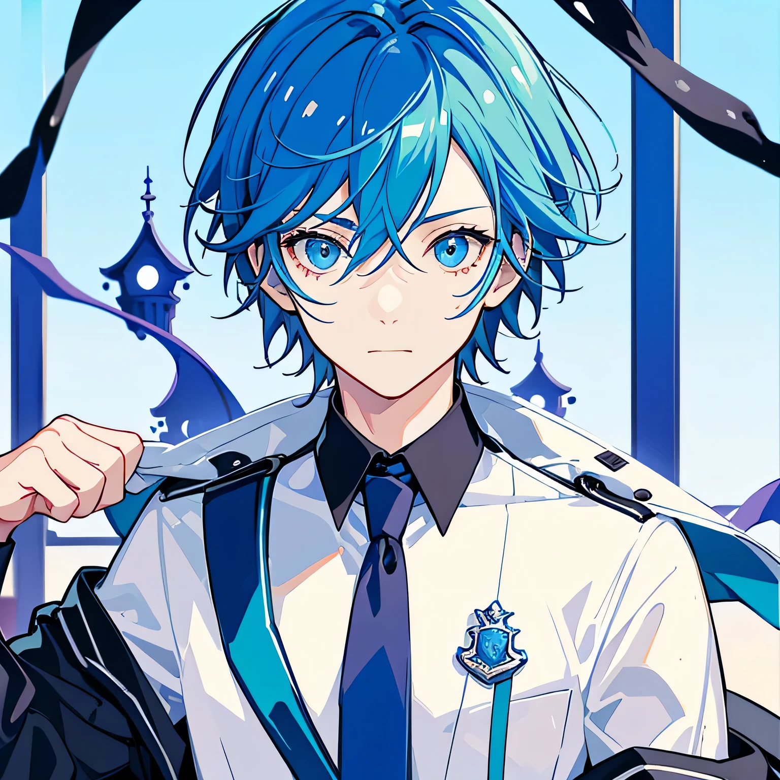 Boys with short hair, blue hair, 惊讶的expression, face camera, blue eyes, Exquisite picture, Ghost background, forest, 害怕的expression, Wearing school uniform, college style clothes, male high school student, focused shot, close up, expression, looking at camera, illustration, HD masterpiece, 準確的解剖學正確的超詳細的高細節高分辨率詳細的服裝詳細的頭髮渲染看著觀眾長袖白襯衫預科生夾克紅色領帶張開手指向前方動漫風格害怕緊張的expression