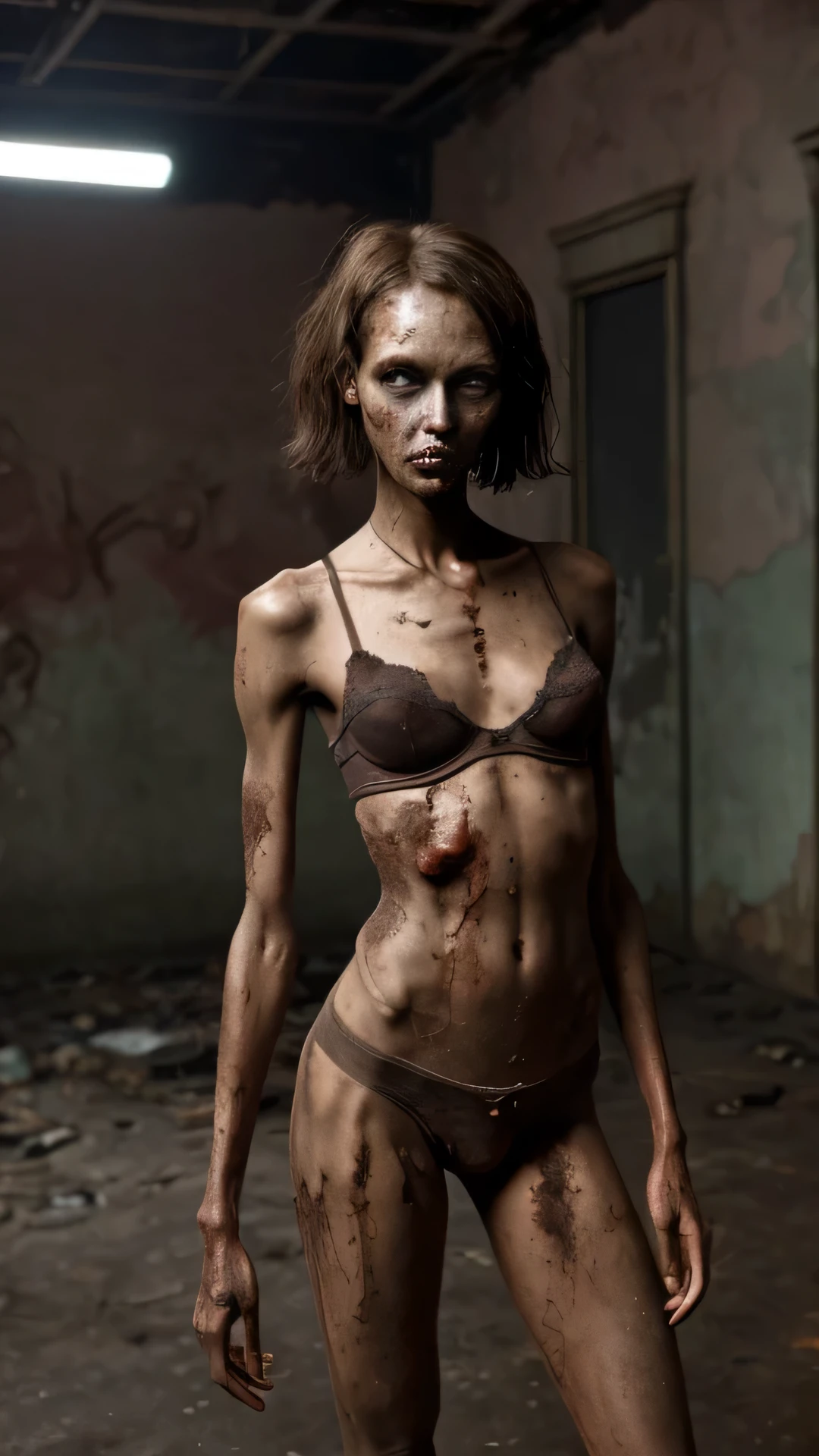 figure dressed in rusted underwear, the picture shows one wearing patina rusty used soiled kinky pink panties, wearing patina rusty used soiled kinky pink bra or brassiere, extreme anorexic african black woman with a zombie-like appearance, Under heavy drugs, Serious mental illness written on her face, skinny body, prominent veins on her neck legs and hands, Sad, Sprayed with man's sperm on body, Post-apocalyptic world, Only one woman in the picture, Ugly environment, Ugly scenery, Abandoned well-equipped operating theater circa 1920, Ruined room, Woman looking at camera, Woman in center of picture, Realistic, extra thin legs, spread legs, bare feet, woman is dressed, covered breasts, the woman is wearing a bra, bra on bobs