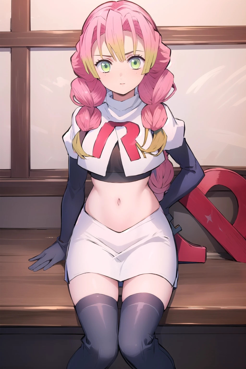(masterpiece, best quality), intricate details,
1girl, MitsuriKanroji, team rocket,team rocket uniform, red letter R, white skirt,white crop top,black thigh-highs,black elbow gloves