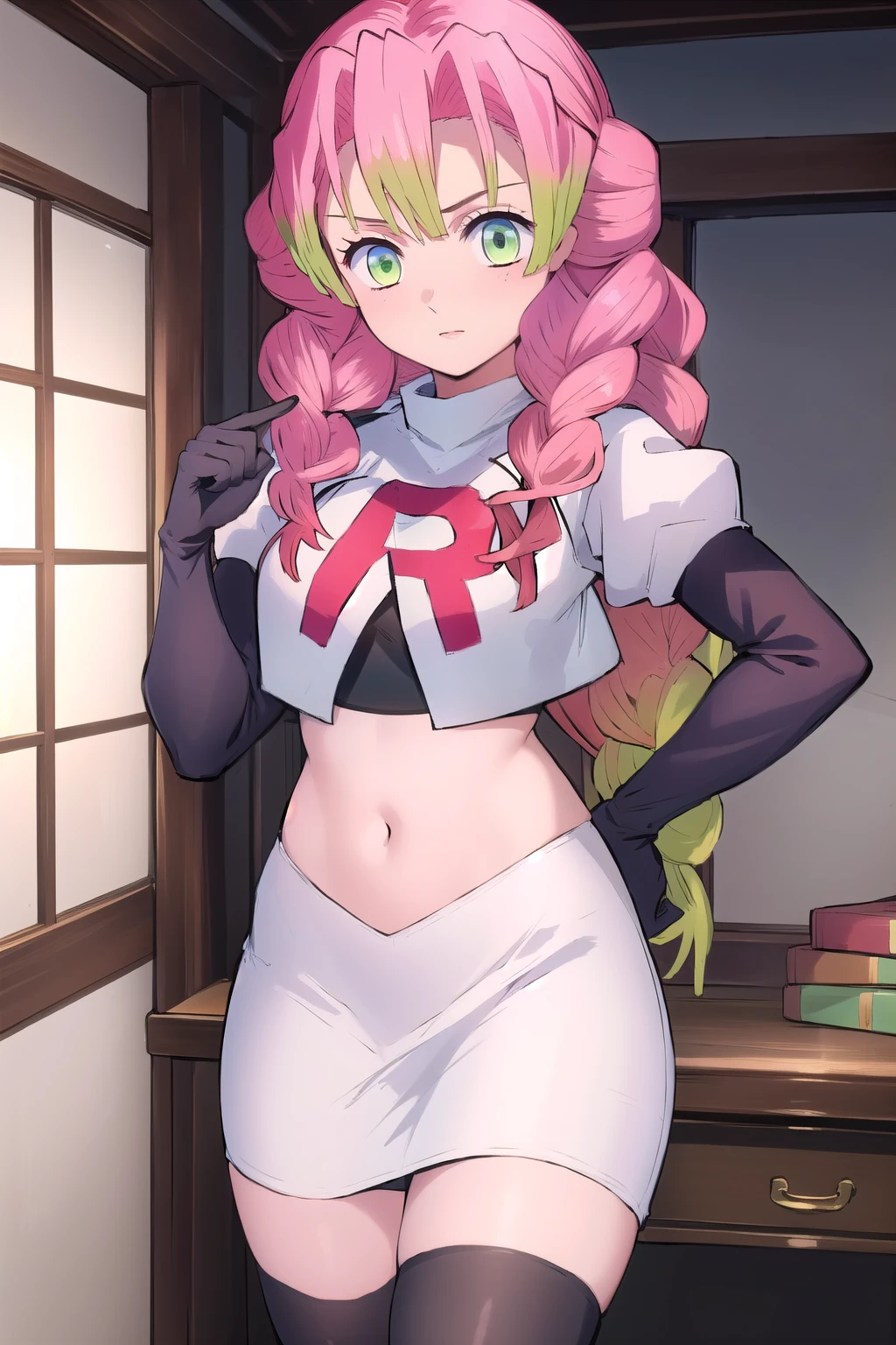 (melhor qualidade:1.3), Mitsuri kanroji, peituda, clivagem, sedutora, rosto sexy, sexy, body curvy, bunda grande, peitos grandes , ((underneath))