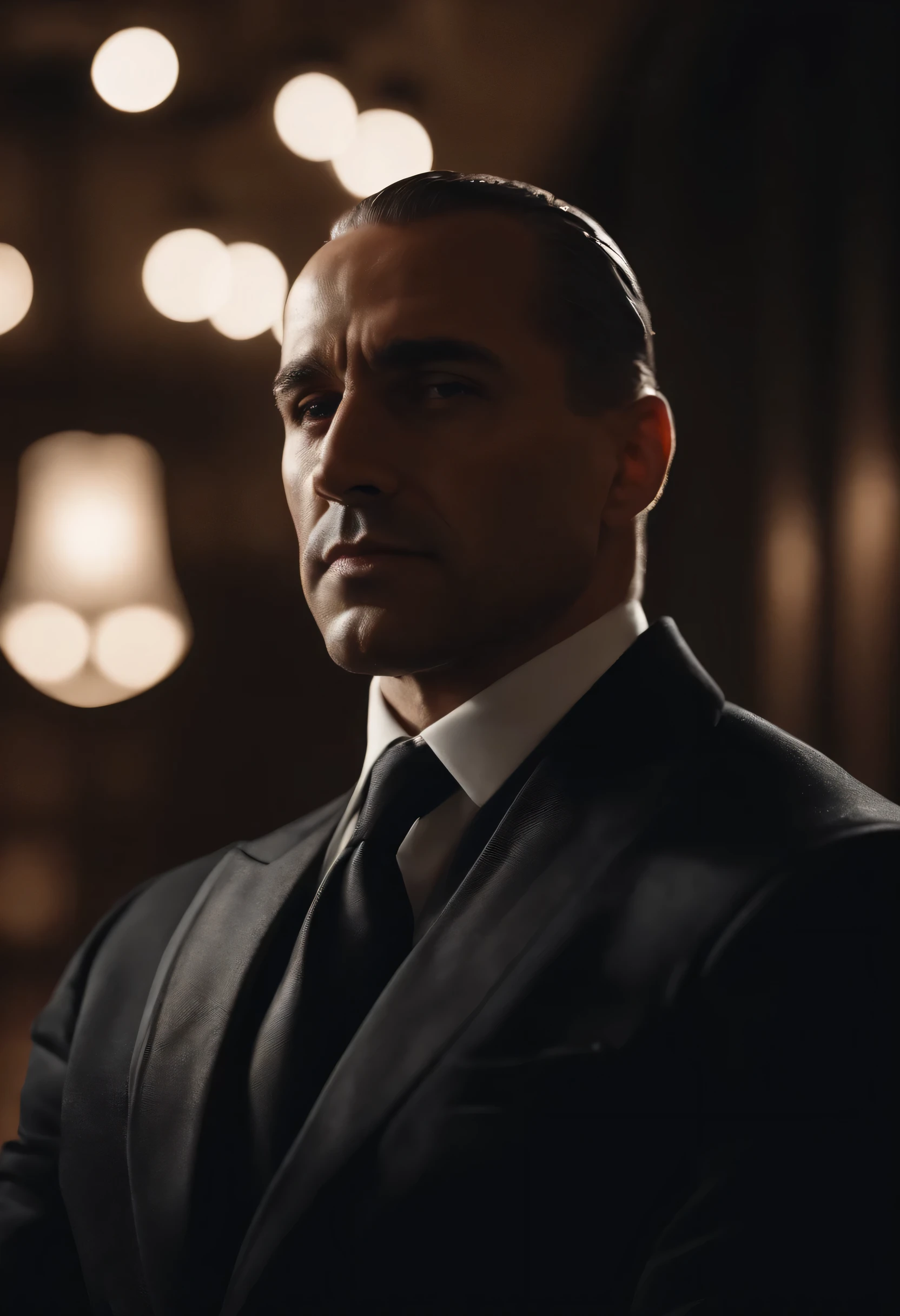 realista (Homem musculoso:1.1) head of Mafia, wearing an intricate black elegant suite, retrato, cabelo curto, joia, Em uma boate, spot iluminando a cena, fundo detalhado, detalhes intrincados, (illustration), obra de arte, high resolution, Melhor qualidade.