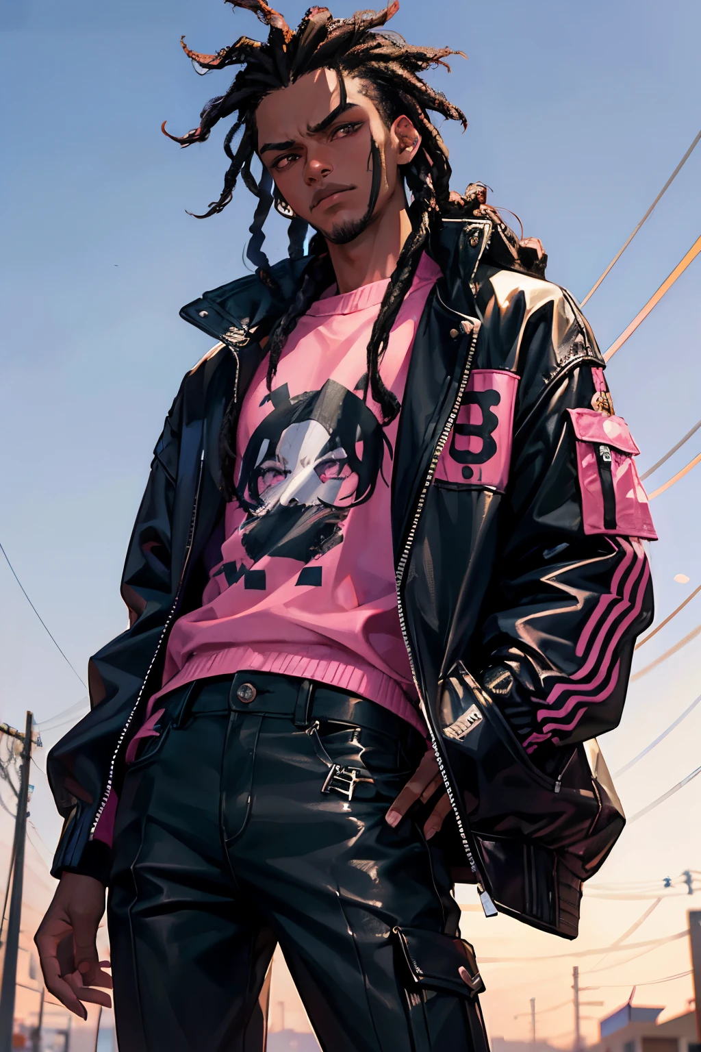 1boy, male, mid 20s, mature, dark skin, black hair, dreadlocks, african, pink eyes, black jacket, racing jacket, punk rock, glaring, from the waist up