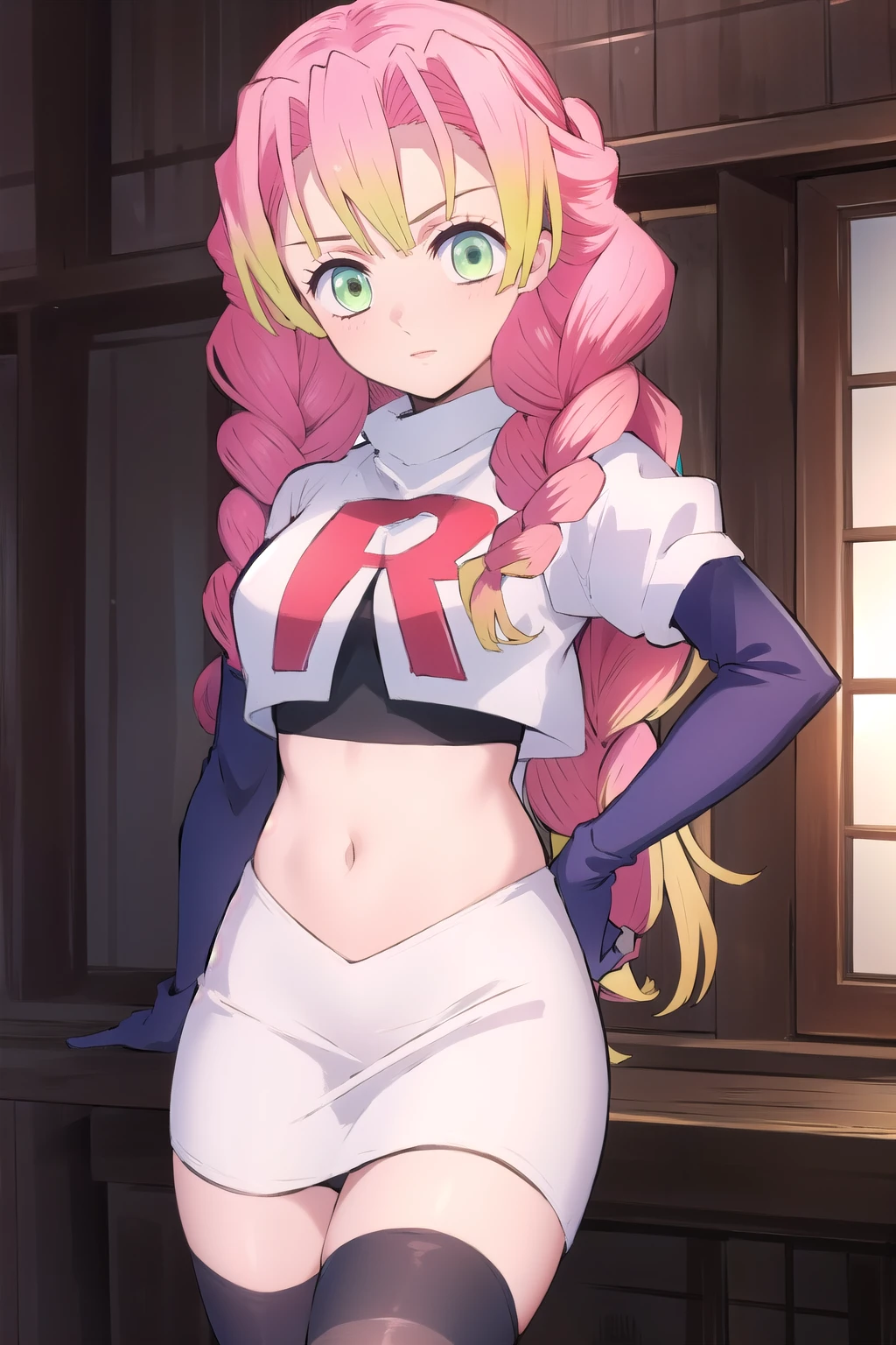 (masterpiece, best quality), intricate details,
1girl, MitsuriKanroji, team rocket,team rocket uniform, red letter R, white skirt,white crop top,black thigh-highs,black elbow gloves