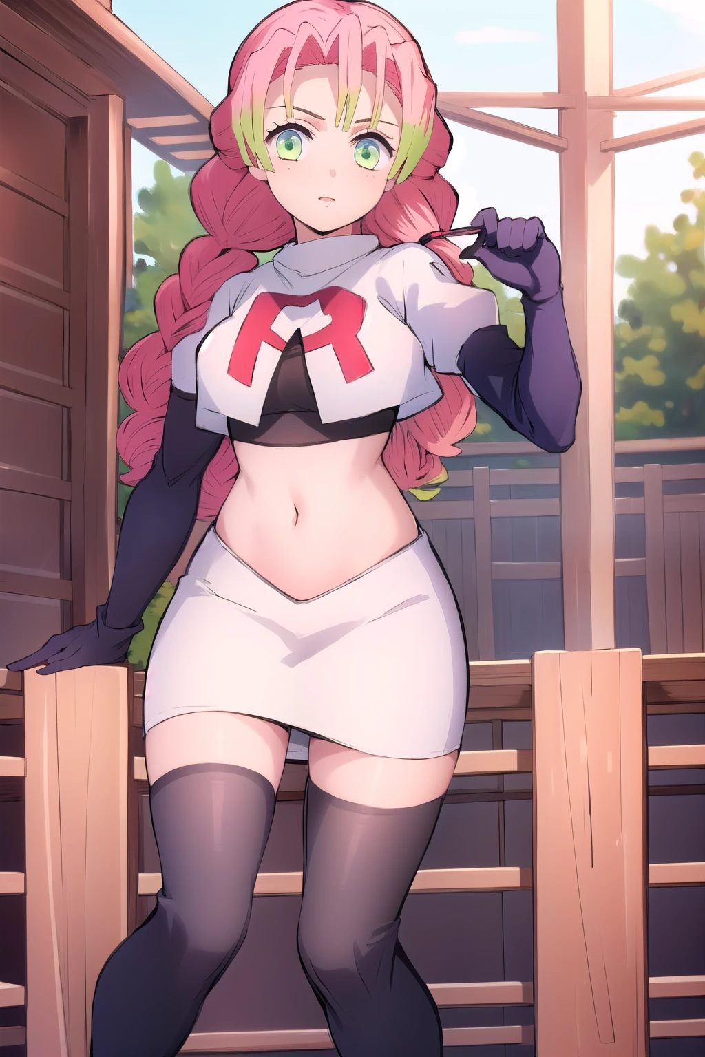 (masterpiece, best quality),  intricate details,
1girl,  MitsuriKanroji,  team rocket,team rocket uniform, red letter R, white skirt,white crop top,black thigh-highs,black elbow gloves