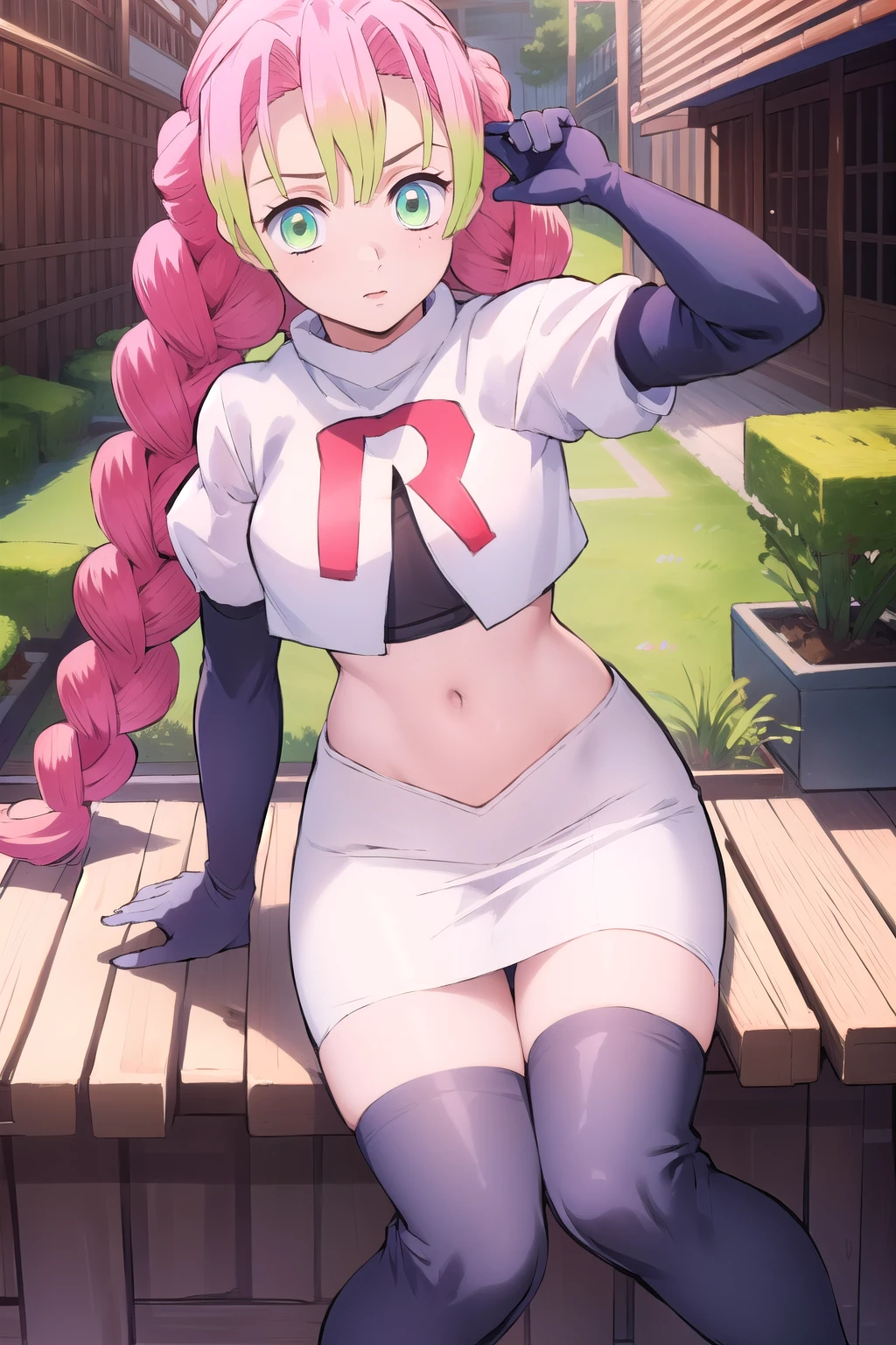 (masterpiece, best quality), intricate details,
1girl, MitsuriKanroji, team rocket,team rocket uniform, red letter R, white skirt,white crop top,black thigh-highs,black elbow gloves
