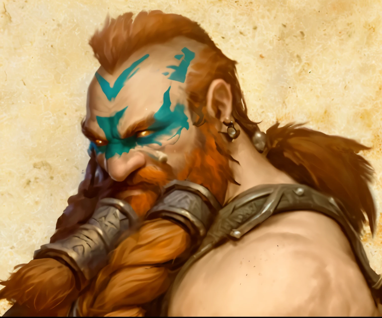 ((tmasterview, best quality, ultra-high resolution, CG unified 8K wallpaper, best quality, ultra detailed, ultra-high definition image quality)),a close up of a man with a beard and a beard with a blue face paint, berserker potrait, painted portrait of rugged odin, portrait berserker barbarian, painted portrait of rugged zeus, male god svarog portrait, portrait of a dwarf warrior, fierce bearded dwarf, technoviking male with no shirt, grog strongjaw, barbarian, barbarian class