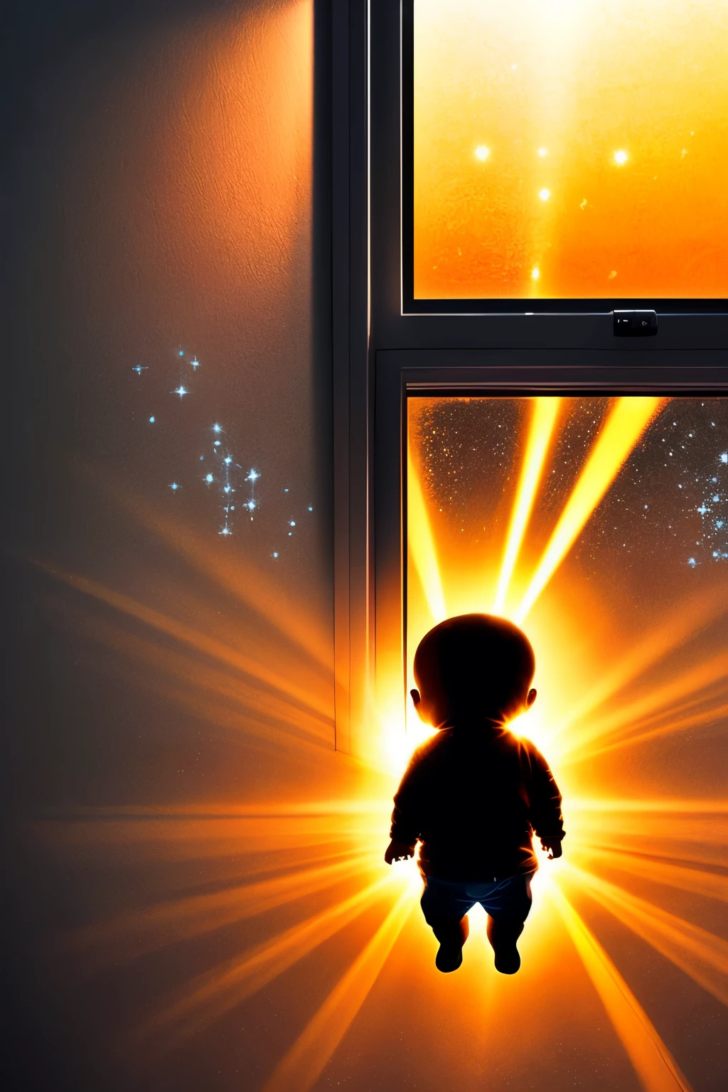 A floating black baby, curiously gazing around in a room filled with marvels of sci-fi technology, is the captivating center of this image. Surrounding him are bubbles suspended in mid-air, within each one, numerous floating computer chips illuminated by the chip-designed lights. The walls of the room gleam with a grey and blue color grading, cast by the medium light emanating from the chip lights. Sunrays filter in from the window behind, painting the scene with the warm hues of a sunrise in the backdrop.
