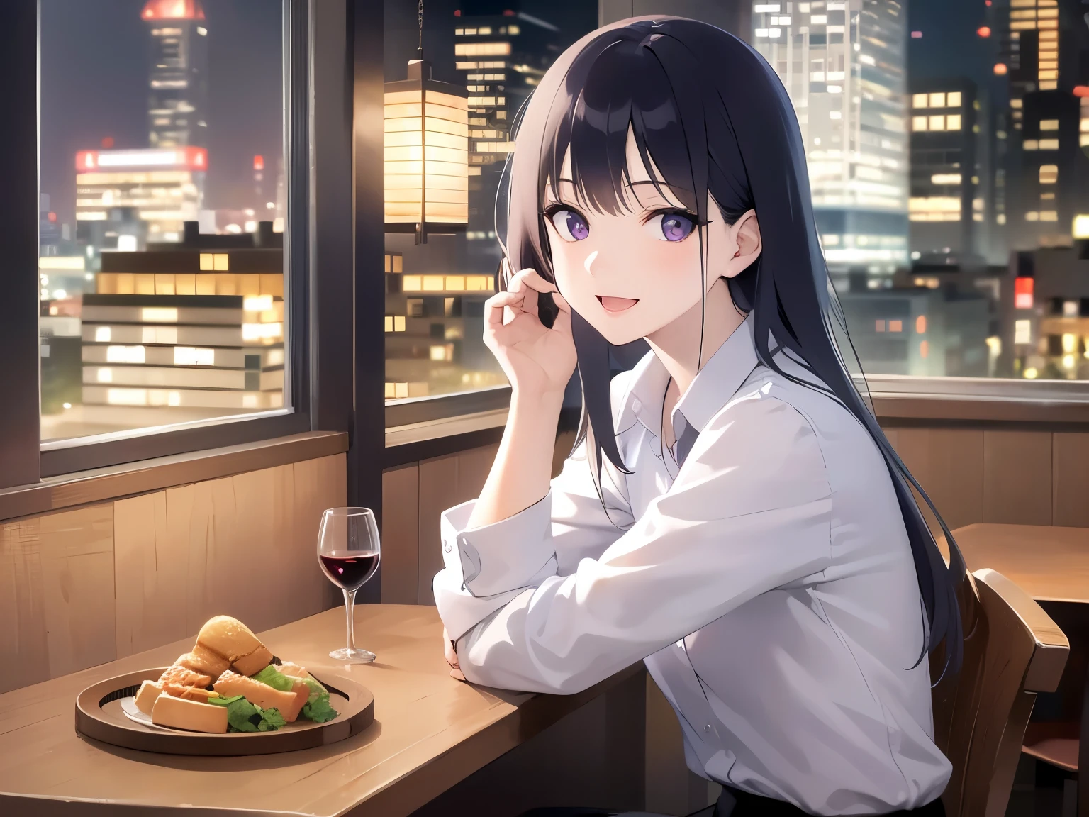 Realistic, real person, (pale skin: 1.2), RAW photo, photorealistic, portrait photography, shiny skin, japanese idol、shiny hair、(bangs) and (straight) and (medium hair)and (25 year old woman) and (black hair) and (purple eyes) , Office Lady、wearing a white shirt、(smile:1.3), open mouth, The background is a restaurant at night、Alone、sitting、wine glass、food on a plate
