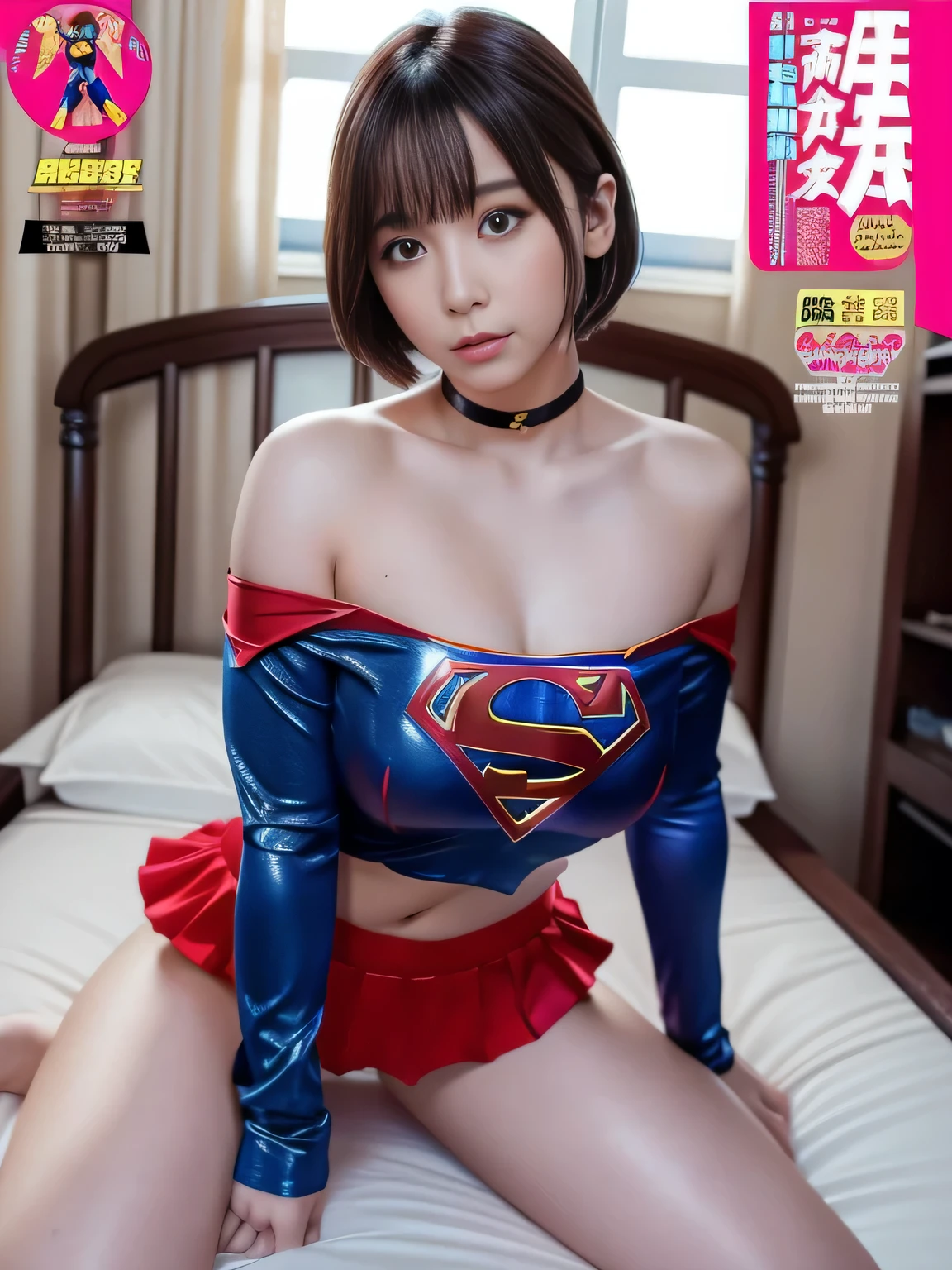 masterpiece、supergirl costume、short hair、barefoot、big and full breasts、Bedroom、straddle the bed、sexy pose、athlete、shiny、looking at camera、Seduce、choker、long sleeve、red mini skirt、Weekly magazine cover、
