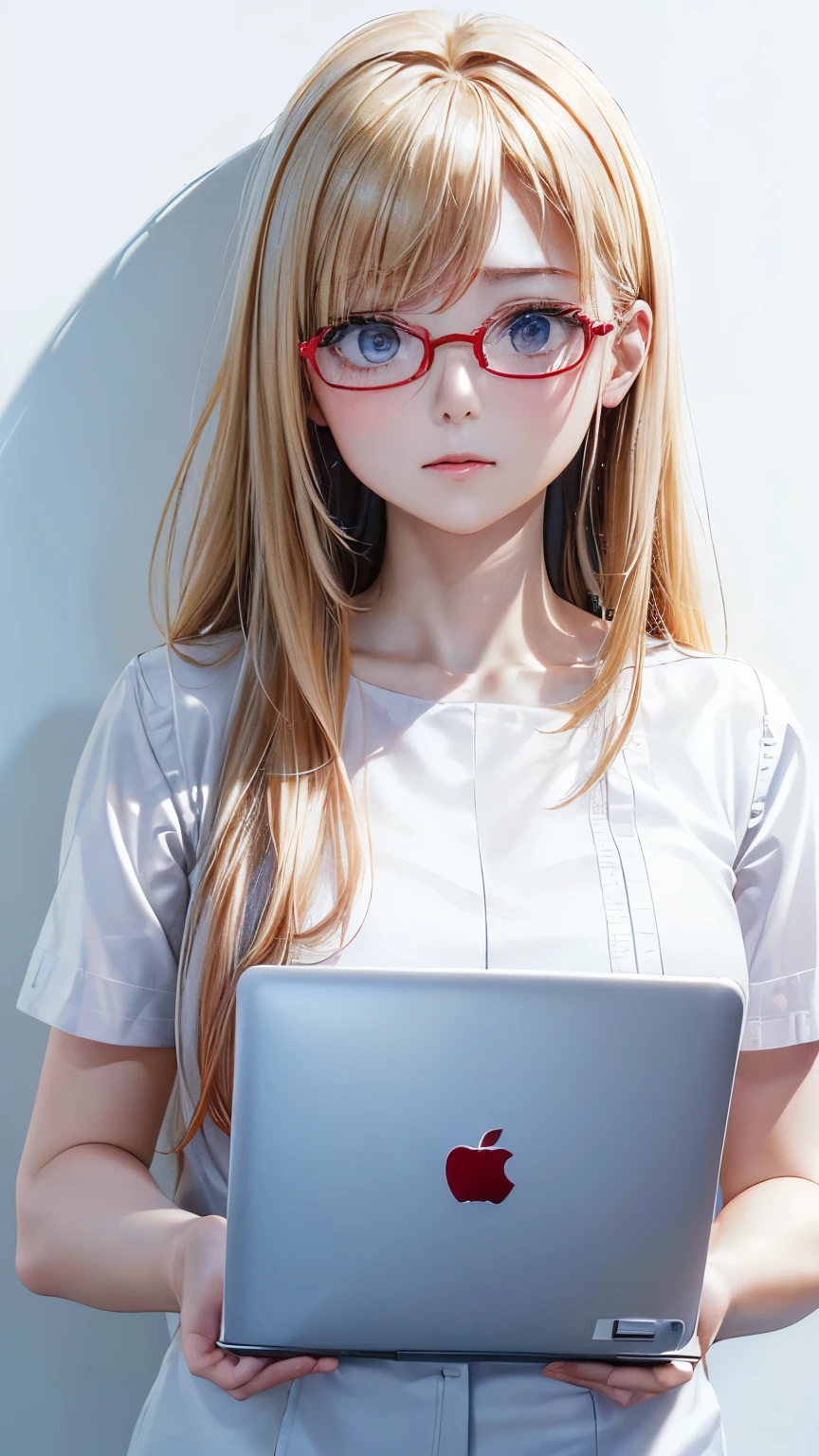 (((Pure white wall background)))、(((8K、Highest image quality)))、(((I&#39;m a secretary)))、(((I have a laptop)))、(((I wear red-rimmed glasses)))、It&#39;s a troubled expression、wearing a white blouse、blonde、Are standing、touching my glasses、