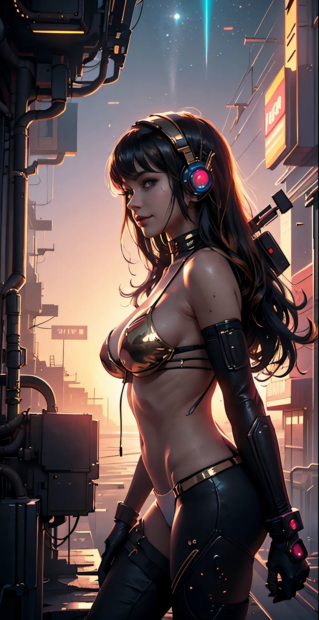 looking at camera, cyberpunk neon cinematic 8k poster, shocking, neon lights - dark and shadowy background - night mood, Astronaut style white and gold trim neon light bikini zipper open (breast) and clear helmet, dark short wavy hair, with a group of soldiers behind her, beautiful sci-fi art, beautiful smile, waiting for a kiss, turning and looking at the camera, space warrior, sunrise over solar punk city, stoner rock, mars invasion, epic album art cover, sexy movie photo, cinemascope panorama, high stylized and 1940’s poster, cosmic style, 8k cinematic, golden ratio, cosmic mayhem, light particles, wet look, golden hour, realistic, masterpiece, highest quality, lens flare, shade, bloom, [[chromatic aberration]]