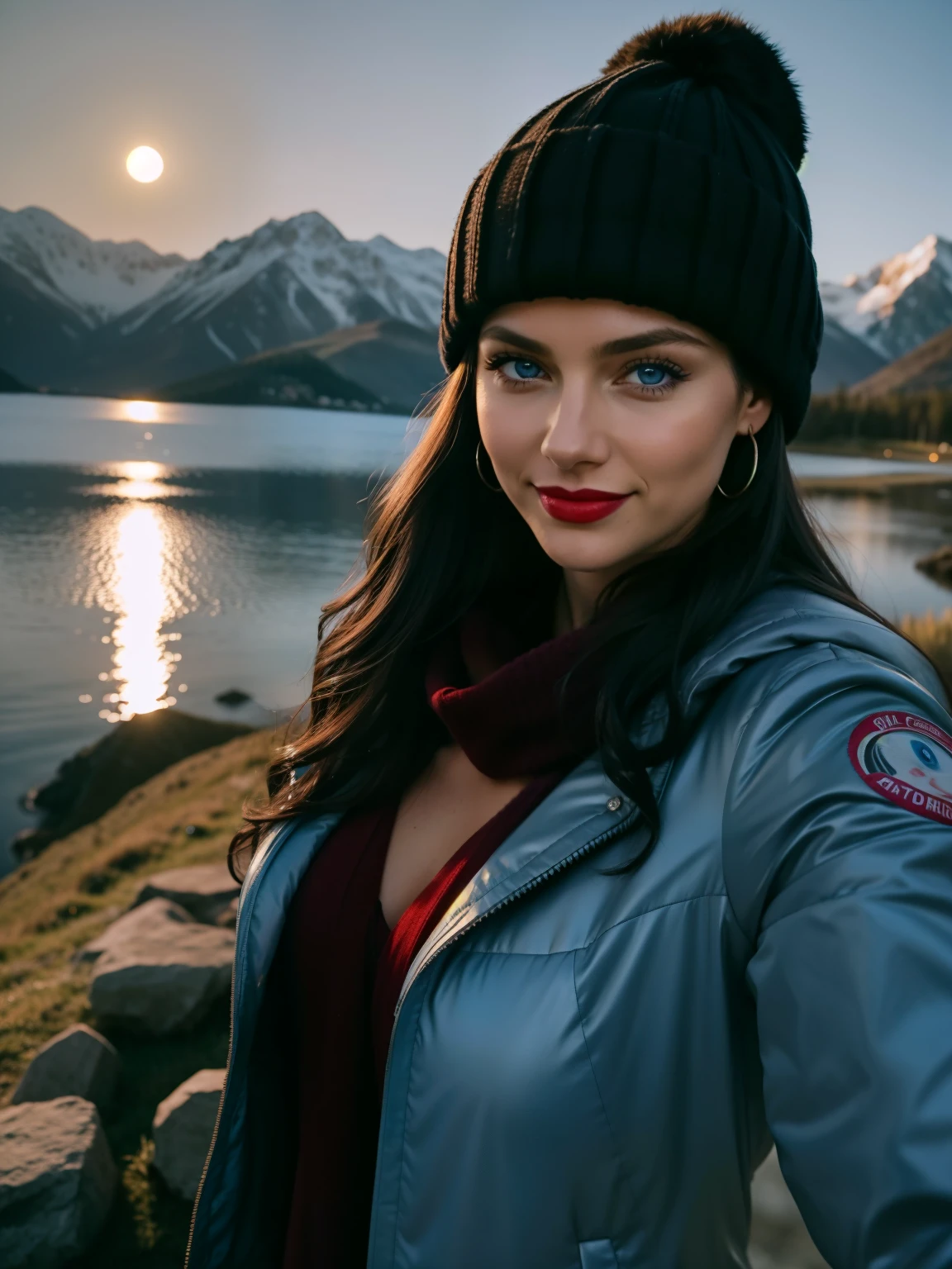 Caucasian woman; black hair, wavy hair, long hair, hair parted in the middle; blue eyes, ((lined eyes)), ((highlight blue eyes)), (((shiny eyes))); ((red lipstick)), makeup; ((smiling)), toned body, athletic body, (medium breasts); ((closed jacket)); cold hat, scarf, earrings, necklace, bracelets; high quality, artistic shot, at night; nature, at night; Behind you can see a lake, the moon and a mountain, front view, selfie, shot from above.