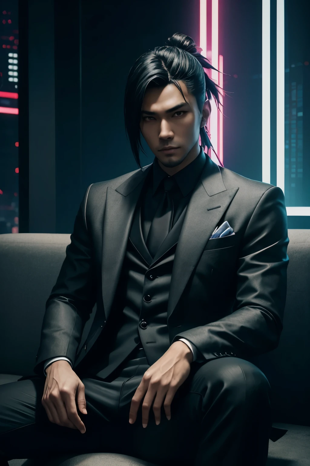 A japanese man sitting on couch, corporate outfit,  Cyberpunk Style, , Cyberpunk 2 0 y. o model guy, cyberpunk aesthetics, Cyberpunk guy, has cyberpunk style, beautiful , cyberpunk horror style, cyberpunk photo, cyber punk formal suit style, Cyberpunk art style, cyber punk style, neon-light-effect, formal suit,