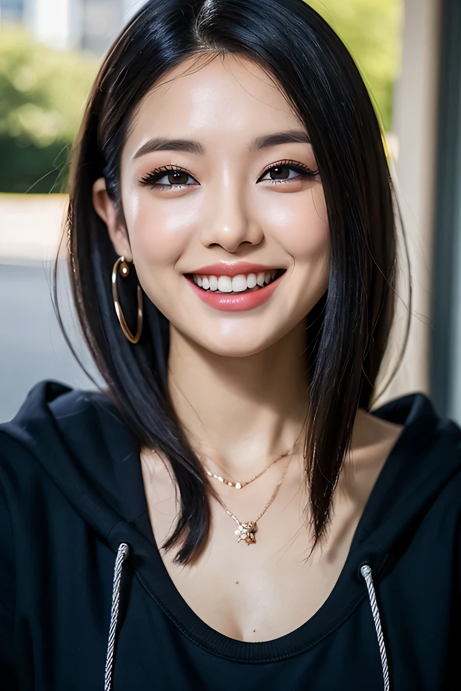 clear woman, cute, super detailed human face, 長いblack hair, fringe, highly detailed brown eyes, highly detailed teeth, white teeth, wearing a hoodie, city、 amazing details, Canon 5DM4, film stock photography, F1.6 lenses, realistic texture, unreal engine, photorealist,black hair、dark eyeliner、ear piercing、necklace around neck、beautiful teeth、Hairstyle Long