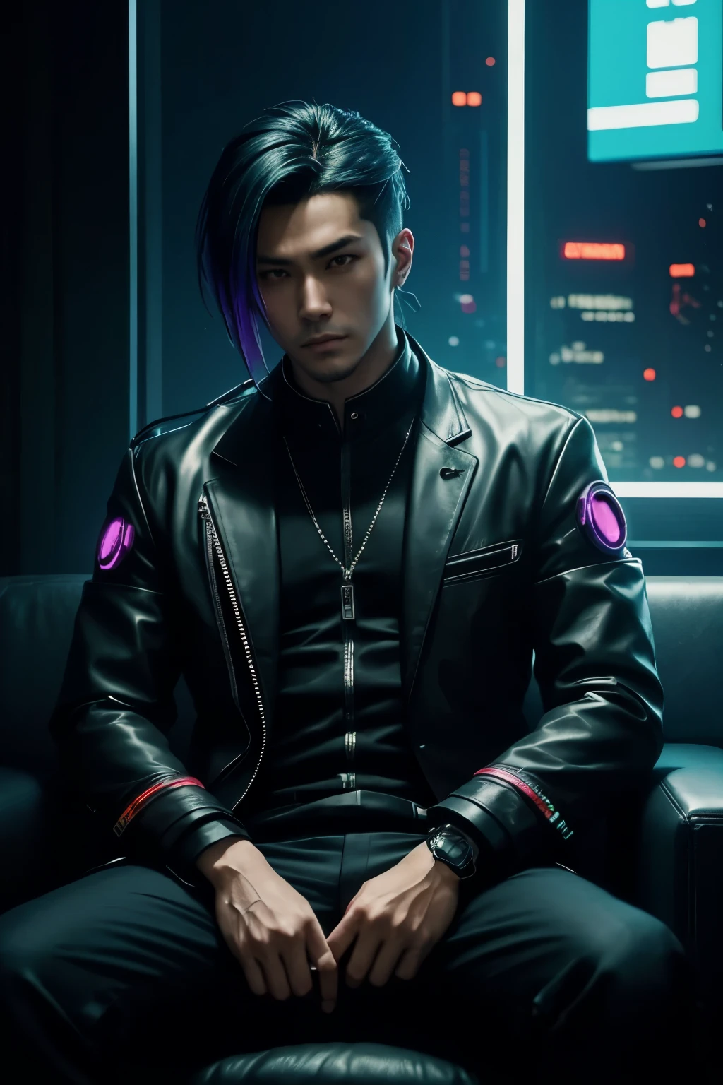 A japanese man sitting on couch, corporate outfit, Cyberpunk Style, , Cyberpunk 2 0 y. o model guy, cyberpunk aesthetics, Cyberpunk guy, has cyberpunk style, beautiful , cyberpunk horror style, cyberpunk photo, cyber punk formal suit style, Cyberpunk art style, cyber punk style, neon-light-effect, formal suit,