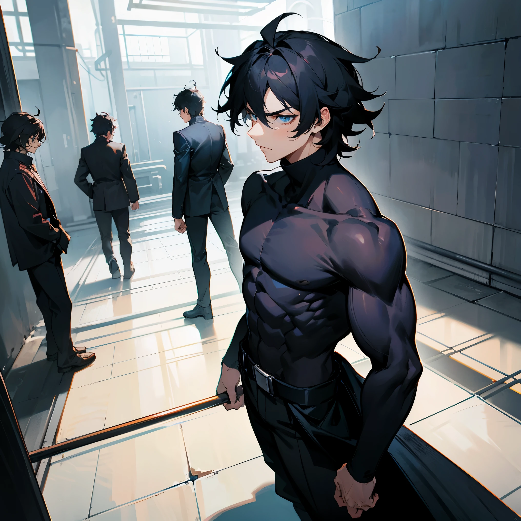 1male , Serious Expression , Black Messy Hair , Dark Blue Eyes , Marvel , Black Turtleneck , Baggy Black Pants , Standing in the sewers, Lean Muscular Build
