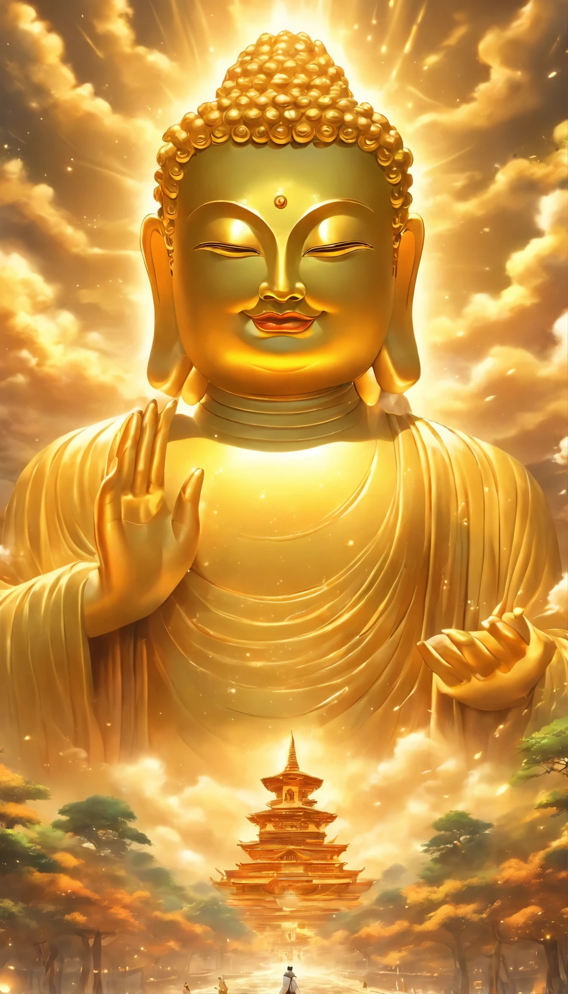 A huge golden Buddha statue rises into the sky，momentum，Buddhism has 32 stages，Cervical spine length and ergonomic proportions,，pilgrims on the road，Smile,porcelain style，in the distance, Surrealism, Stereo view, vertical painting, atmospheric perspective, hyperrealism, light, divine light, Ultra-detailed, precise, best quality, on the table, 1.60,000, high detail, high resolution, won, Ultra-detailed, anatomically correct