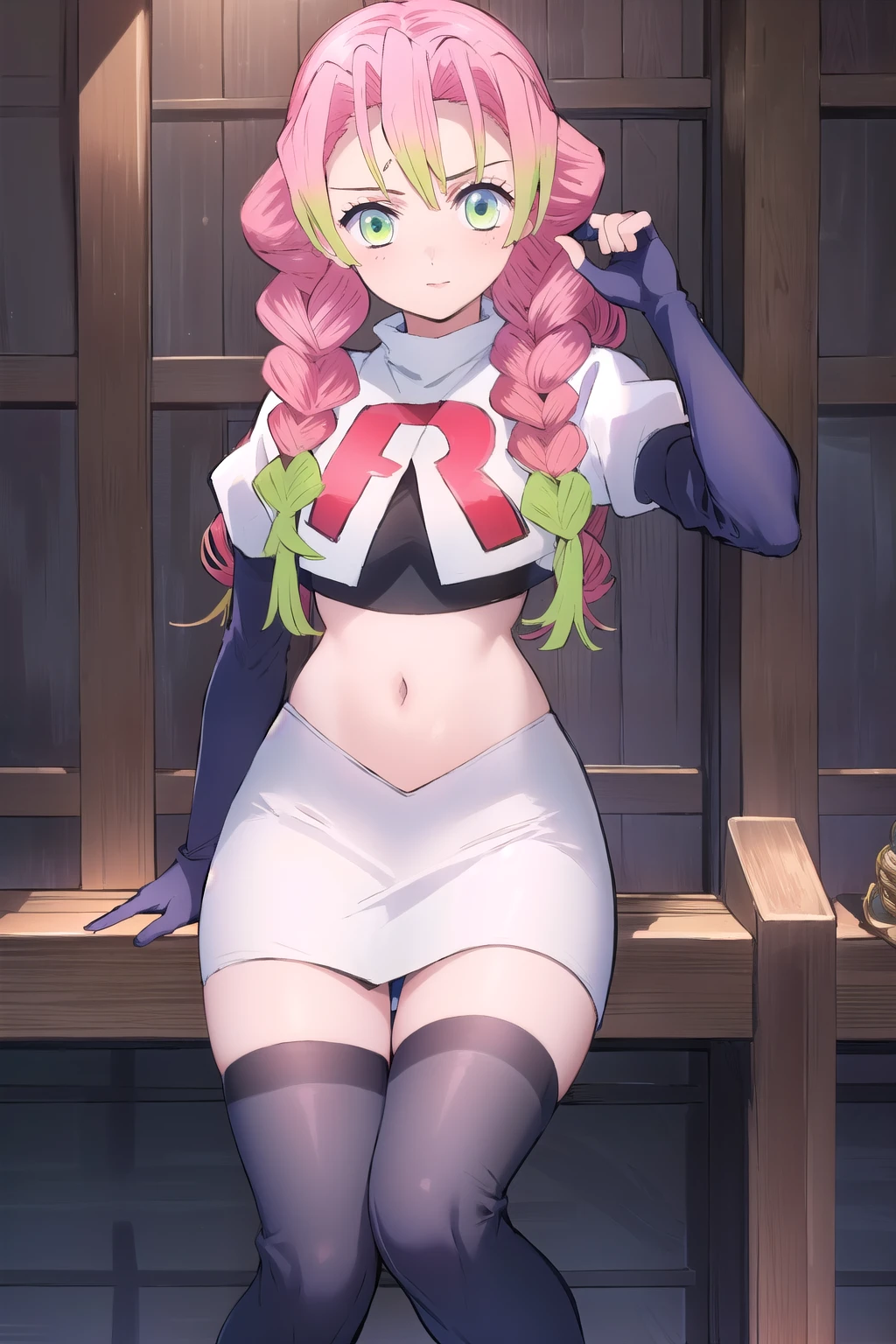 (masterpiece, best quality), intricate details,
1girl, MitsuriKanroji, team rocket,team rocket uniform, red letter R, white skirt,white crop top,black thigh-highs,black elbow gloves