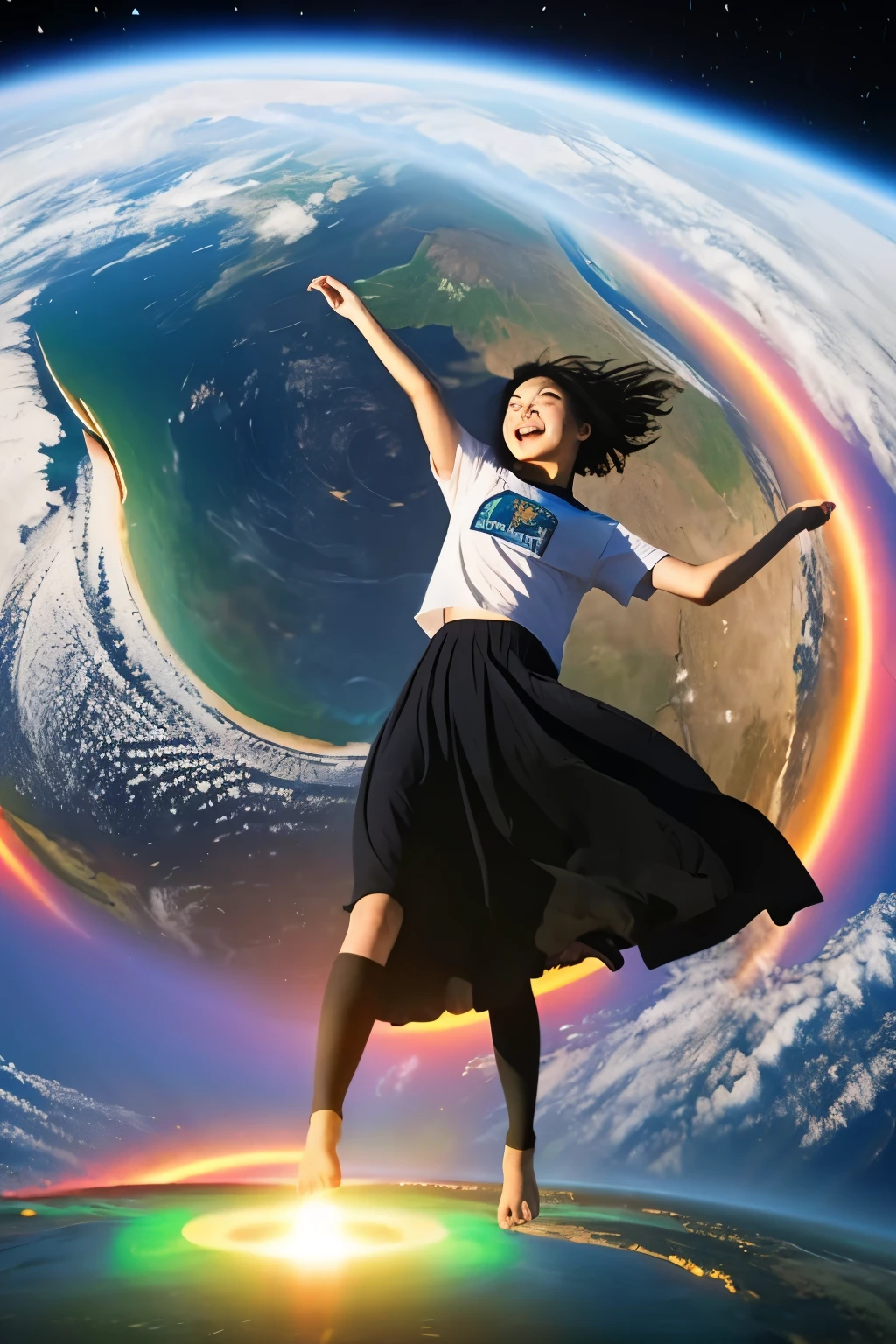 A girl connects with the energy at the center of the earth、Take that energy into your body through the soles of your feet.、Rise to the top of your head while shining your chakra。