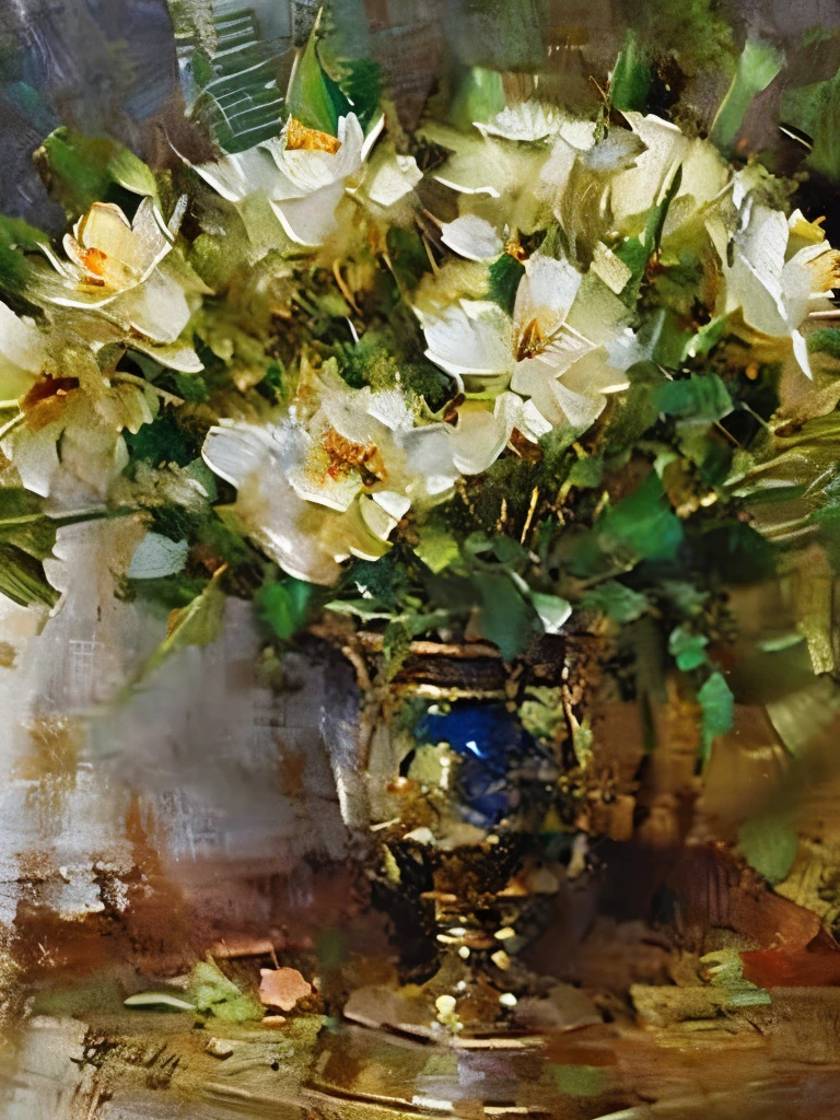 Hyperreal oil painting of flowers in a reflective gold vase, color palette includes deep red, gold, white, green, black background, very detailed 