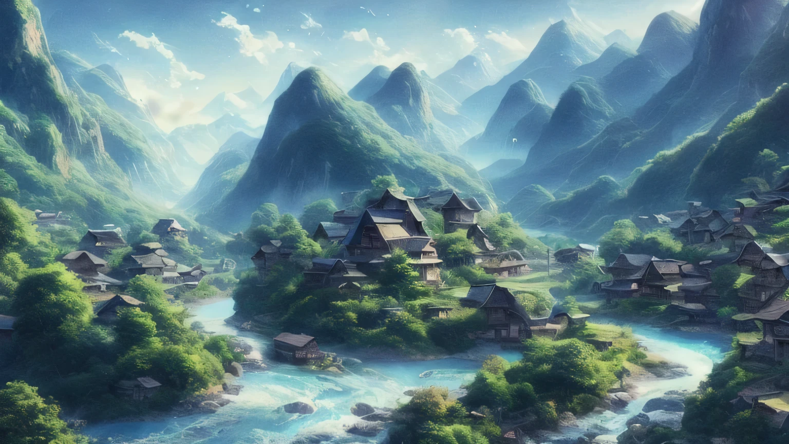 Photo of a mountain village in the middle of a river, 4K high definition digital art, 4k detailed digital art, Anime scenery wallpapers, 8K high quality detailed art, Amazing artwork in 8K, wallpaper 4k, wallpaper 4k, Beautiful art UHD 4K, awesome wallpaper, high quality desktop wallpapers, 4K HD illustration wallpaper