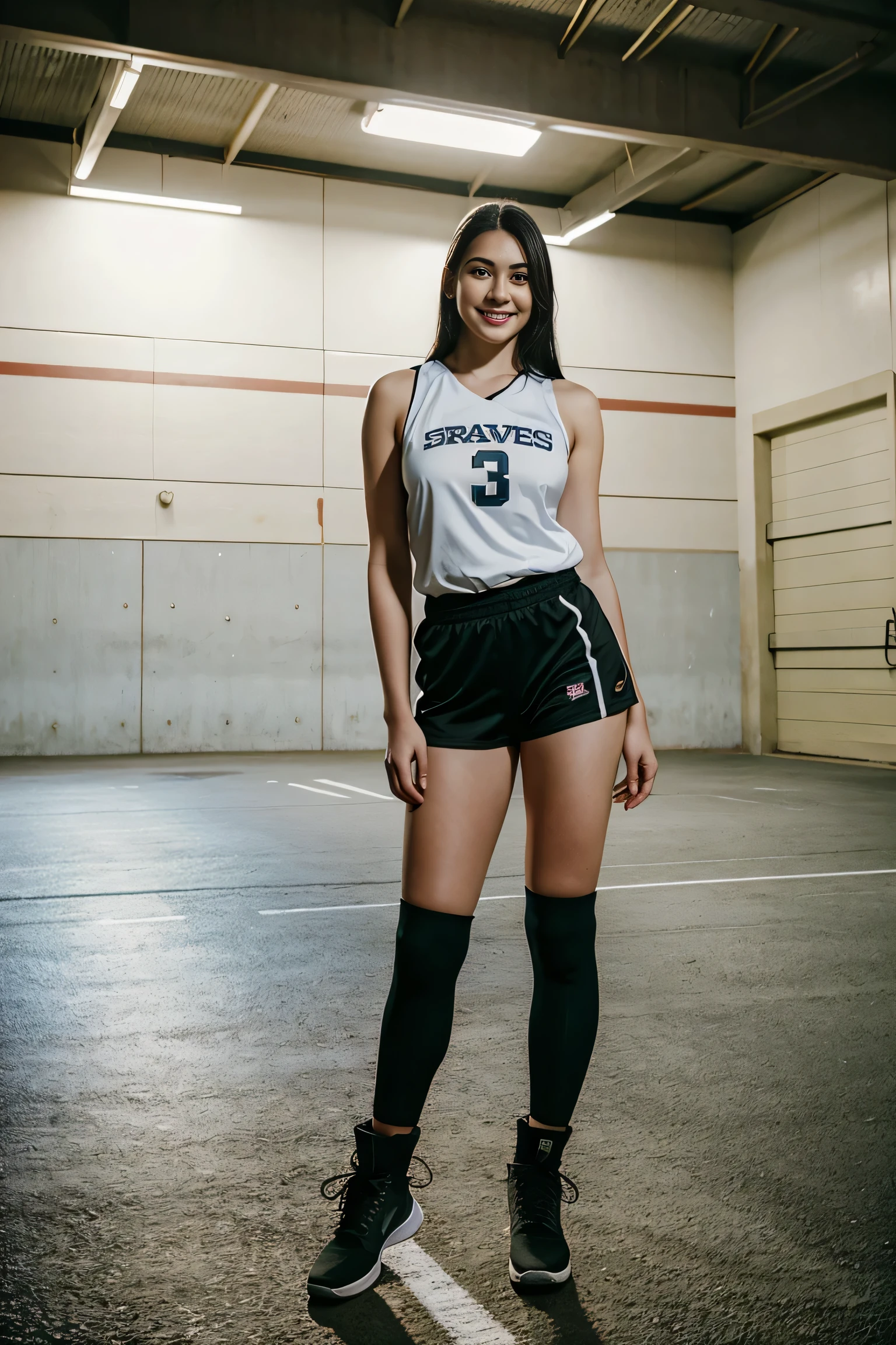 ((Same character)) [freckles]
((Same character)) [freckles] 1girl 25 year old, solo, long hair, big round breasts, looking at viewer, black hair, bare shoulders, brown eyes,  full body, smiling, araffe wearing a jersey and boots in a parking garage, wearing nba jersey, inspired by Ion Andreescu, she is wearing streetwear, leaked image, in front of a garage, on a parking lot, professional sports style, inspired by Yi Insang, wearing a volleyball jersey, in an arena pit, wearing basketball jersey, shot with a camera flash