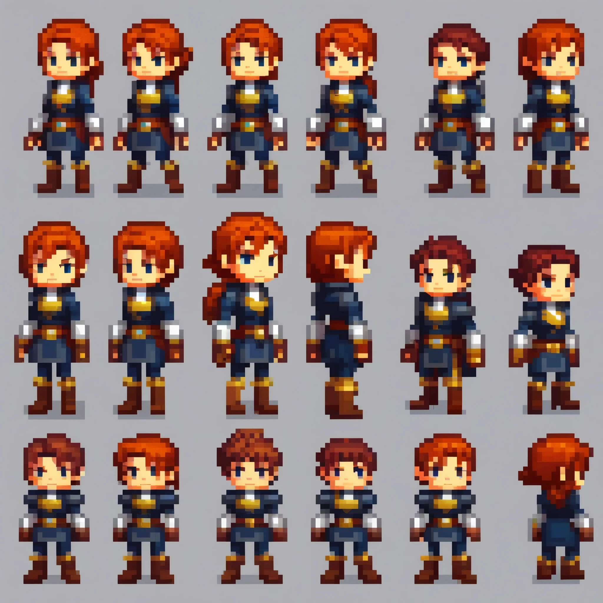 arte de pixel,arte de pixel,Crie uma planilha de design de personagem original,personagem principal do jogo,garoto,juvenil,Permanente natural,espada,guerreiro,Observation,atacar,jogar,((3 view,todo o corpo, fundo,multiple views,high resolution)),multiple views,multiple poses,Ativo,action pose,Dynamic,Legal,bonitinho,obra de arte,Mais alta qualidade,em detalhe,Graciosamente,RPG,Famicom,Various characters,multiple outfits,Fantasia final,corajosamente,effect icon