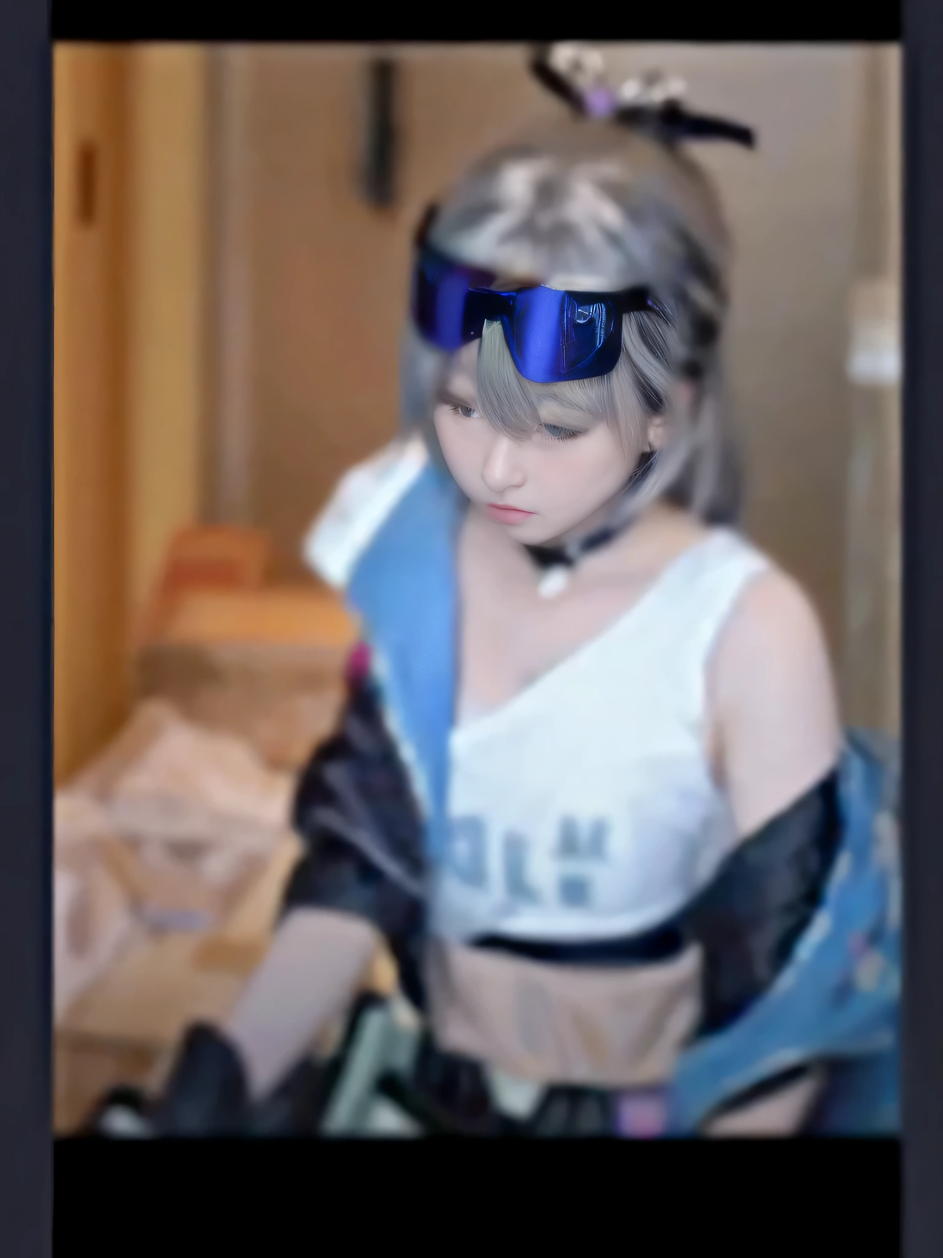 There is a girl wearing a white shirt and black gloves, cut off, Inspired by Leng Mei, 2b, 2b, role play photo, role play, role player, , from final fantasy, anime role play, final fantasy 1 2 style, role play of a catboy! maid! skirt, Canon eos r 6 shot, 作为守望先锋角色There is a young girl wearing headphones and looking at her mobile phone, Yoshitomo Nara, she has a cute face, real life anime girls, She has a cute and expressive face, lofi girl, she has black hair，Have bangs, she looks far away, take al&#39;tension, Chiho, surreal anime